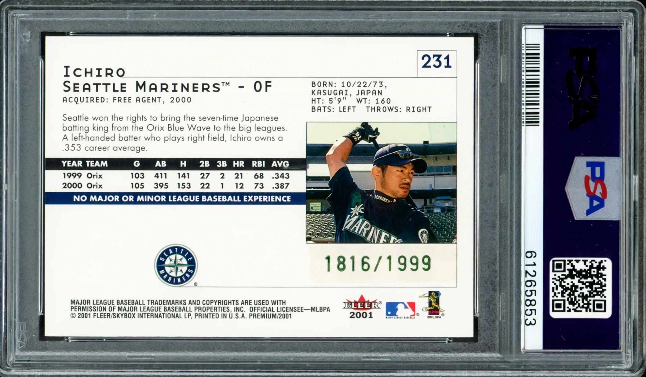 Ichiro Suzuki Autographed 2001 Fleer Premium Rookie Card #231 Seattle Mariners Auto Grade Gem Mint 10 #1816/1999 PSA/DNA #61265853 - Image 2