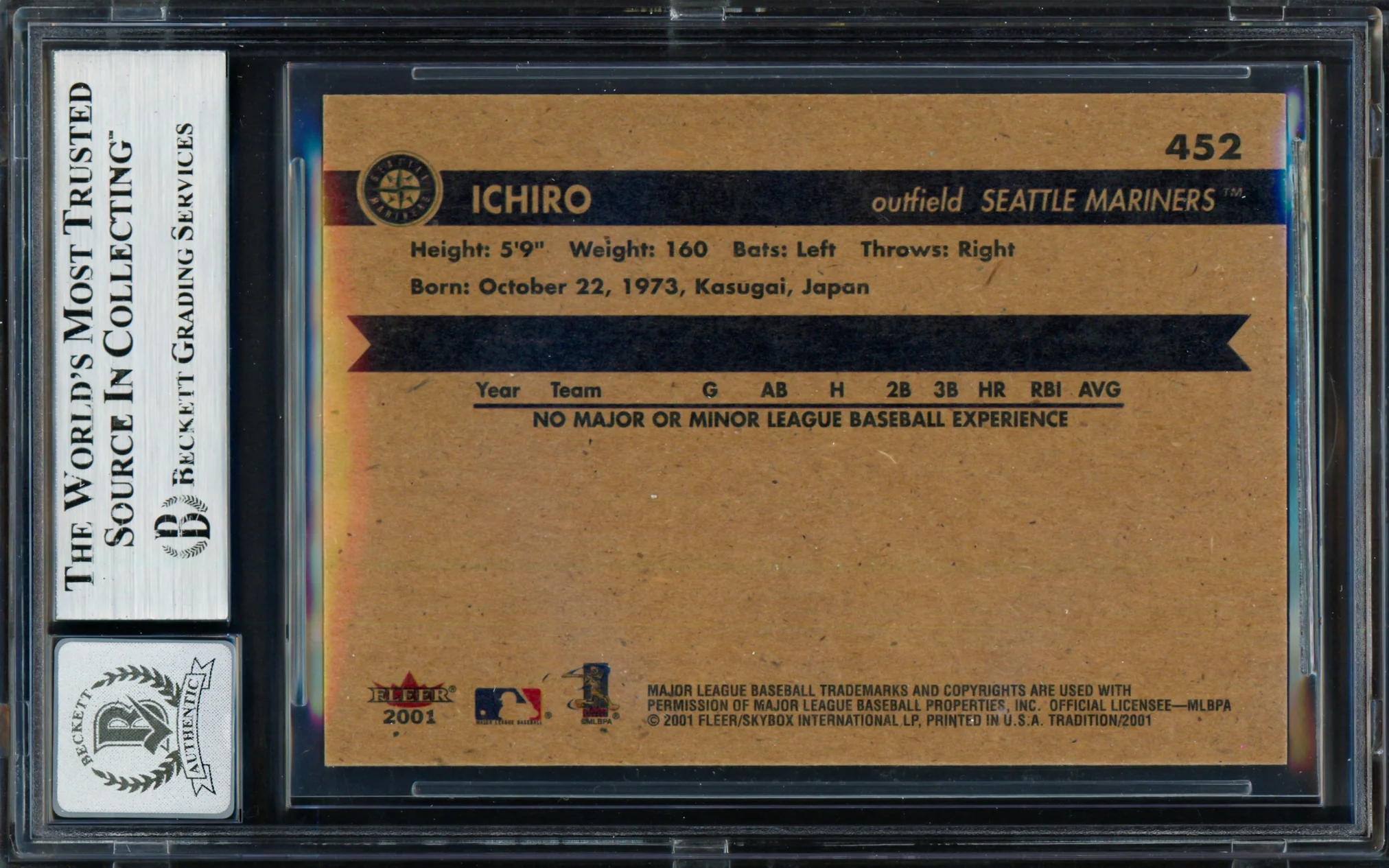 Ichiro Suzuki Autographed 2001 Fleer Tradition Rookie Card #452 Seattle Mariners Auto Grade Gem Mint 10 Beckett BAS #19664015 - Image 2