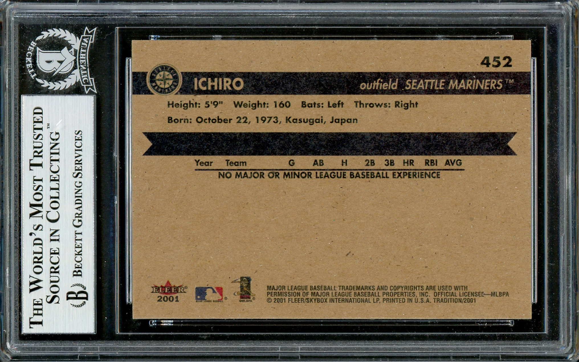 Ichiro Suzuki Autographed 2001 Fleer Tradition Rookie Card #452 Seattle Mariners Beckett BAS #12783687 - Image 2