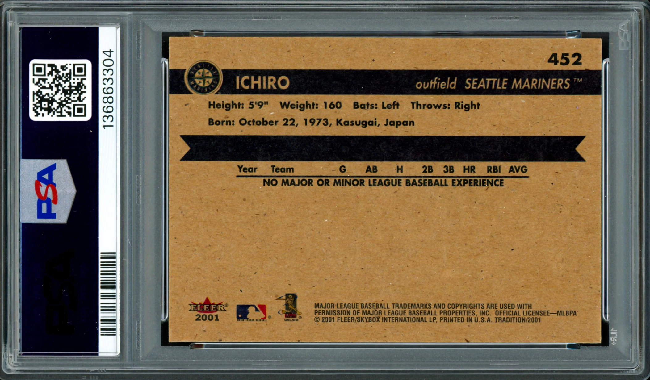 Ichiro Suzuki Autographed 2001 Fleer Tradition Rookie Card #452 Seattle Mariners PSA 8 Auto Grade Gem Mint 10 PSA/DNA #136863304 - Image 2