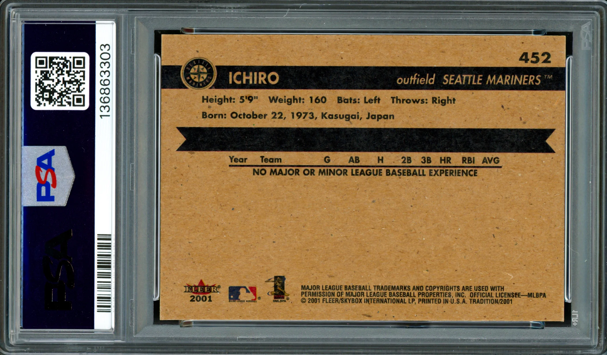 Ichiro Suzuki Autographed 2001 Fleer Tradition Rookie Card #452 Seattle Mariners PSA 9 Auto Grade Gem Mint 10 PSA/DNA #136863303 - Image 2