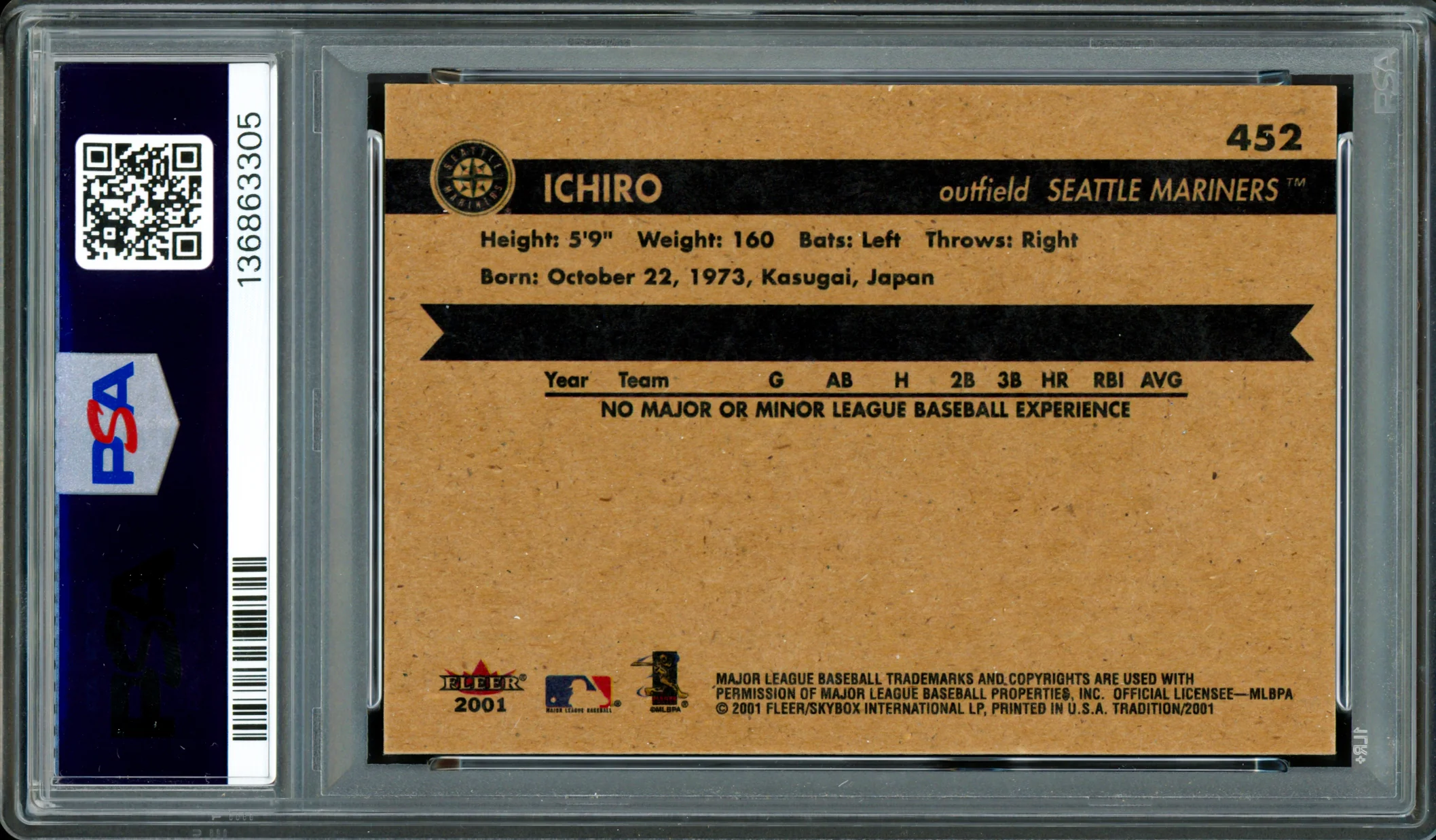 Ichiro Suzuki Autographed 2001 Fleer Tradition Rookie Card #452 Seattle Mariners PSA 9 Auto Grade Gem Mint 10 PSA/DNA #136863305 - Image 2