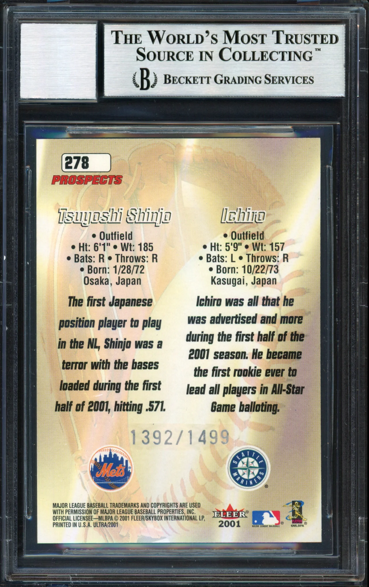 Ichiro Suzuki Autographed 2001 Fleer Ultra Rookie Card #278 Seattle Mariners #1392/1499 Auto Grade 10 Beckett BAS #12490893 - Image 2
