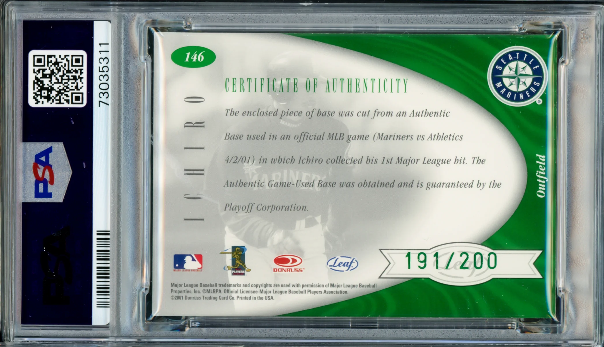 Ichiro Suzuki Autographed 2001 Leaf Certified Material Rookie Card #146 Seattle Mariners PSA 7 Auto Grade Gem Mint 10 "01 ROY/MVP" With Game Used Base #191/200 PSA/DNA #73035311 - Image 2