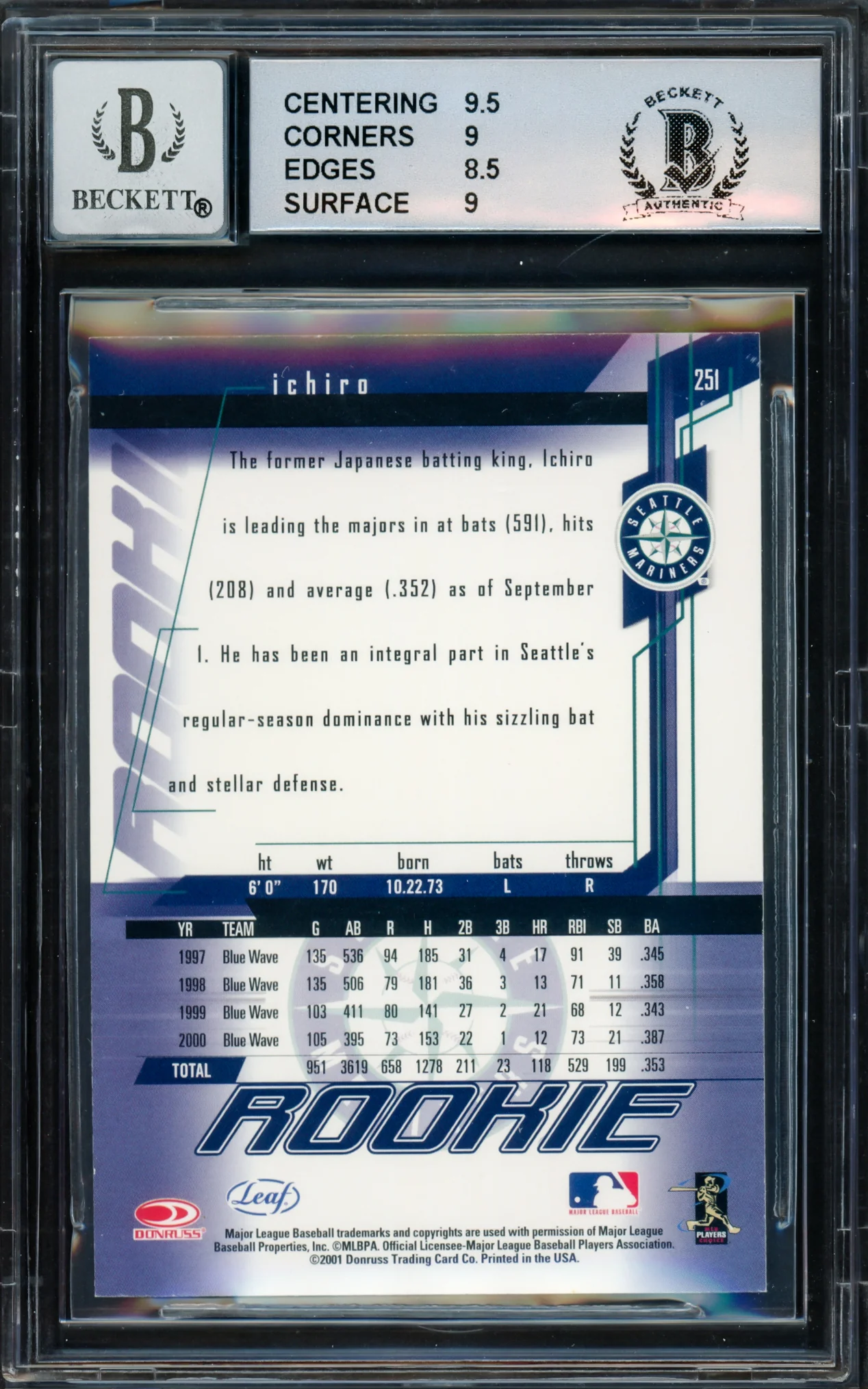 Ichiro Suzuki Autographed 2001 Leaf Rookies & Stars Rookie Card #251 Seattle Mariners BGS 9 Auto Grade Gem Mint 10 Beckett BAS #15681272 - Image 2