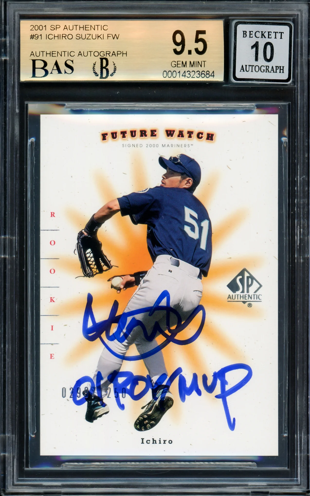 Ichiro Suzuki Autographed 2001 SP Authentic Rookie Card #91 Seattle Mariners BGS 9.5 Auto Grade Gem Mint 10 "01 ROY/MVP" #299/1250 Beckett BAS #14323684