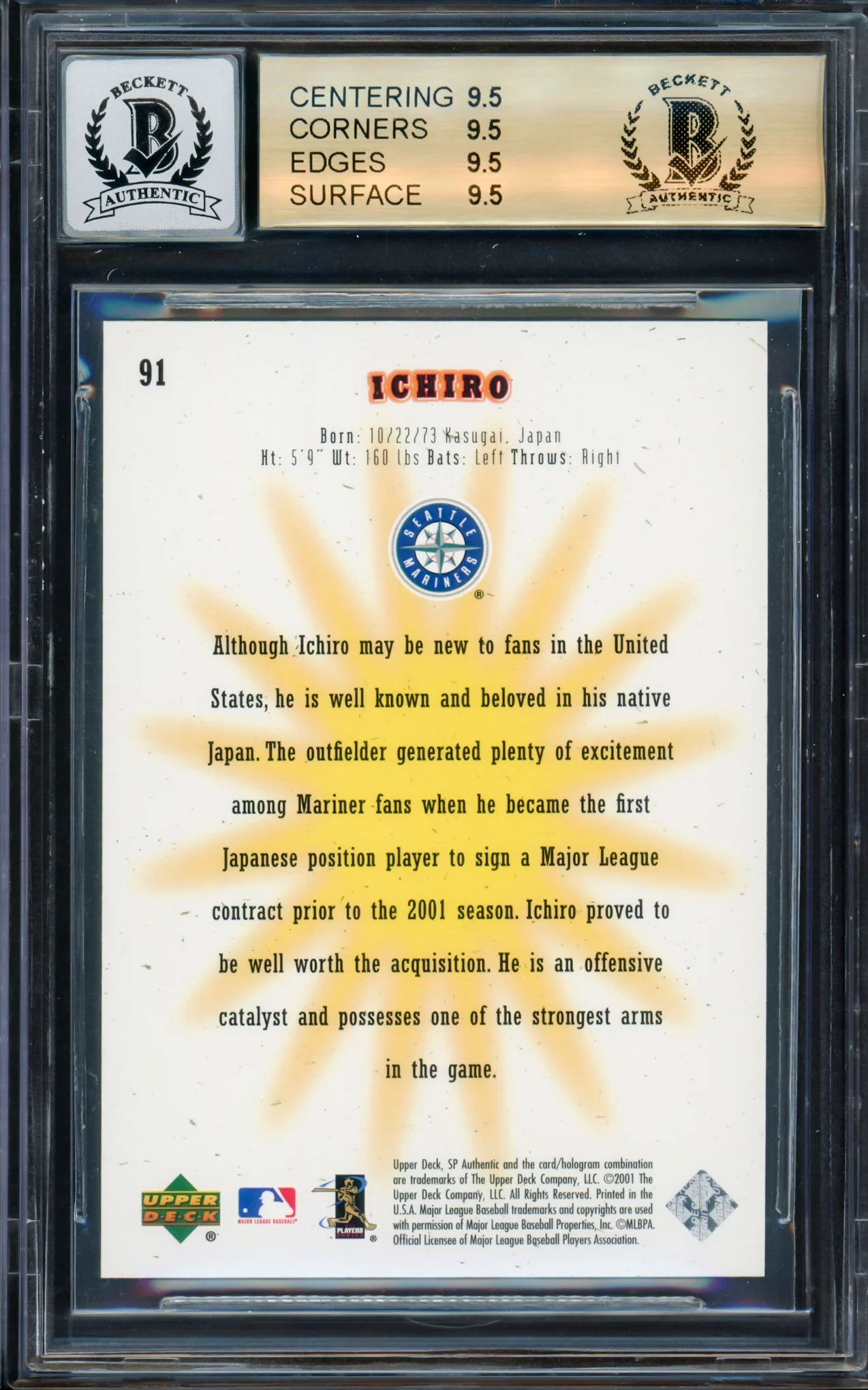 Ichiro Suzuki Autographed 2001 SP Authentic Rookie Card #91 Seattle Mariners BGS 9.5 Auto Grade Gem Mint 10 "01 ROY/MVP" #299/1250 Beckett BAS #14323684 - Image 2