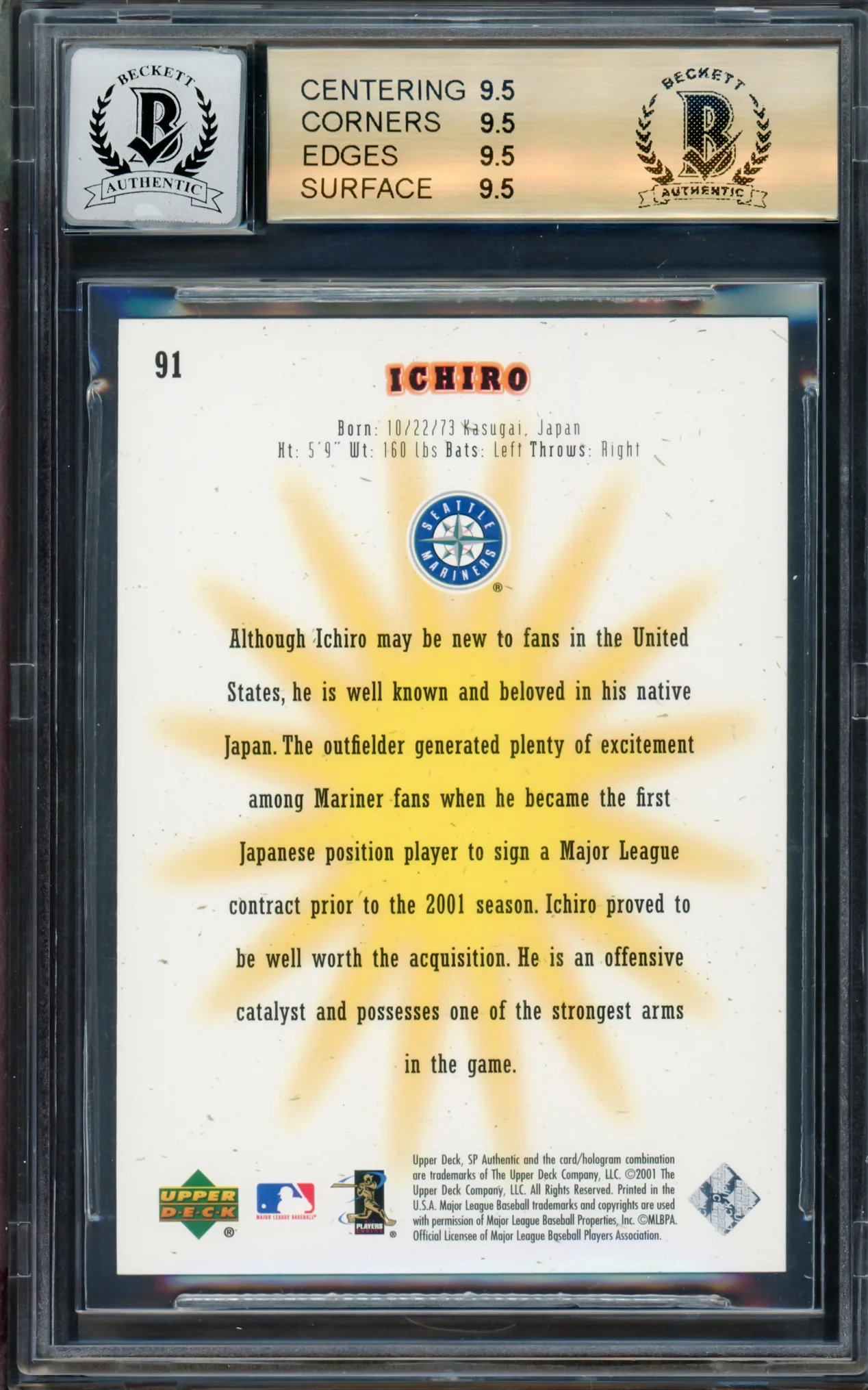 Ichiro Suzuki Autographed 2001 SP Authentic Rookie Card #91 Seattle Mariners BGS 9.5 Auto Grade Gem Mint 10 "01 ROY/MVP" #68/1250 Beckett BAS #14323679 - Image 2