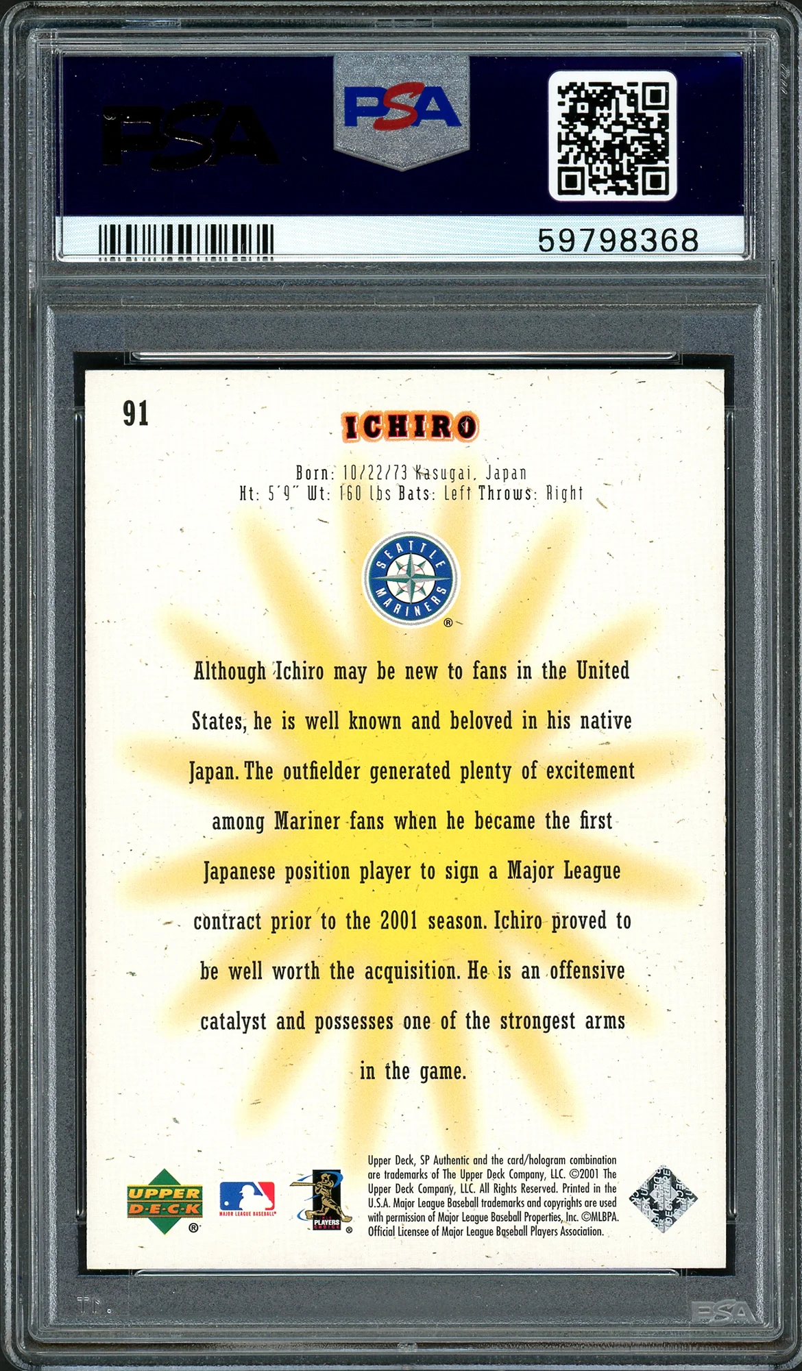 Ichiro Suzuki Autographed 2001 SP Authentic Rookie Card #91 Seattle Mariners PSA 8 Auto Grade Gem Mint 10 "01 ROY/MVP" #31/1250 PSA/DNA #59798368 - Image 2