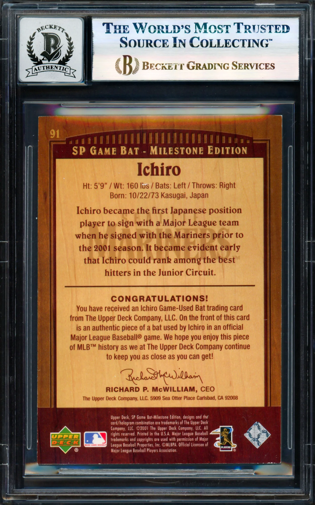 Ichiro Suzuki Autographed 2001 SP Game Bat Milestone Piece of Action Card #91 Seattle Mariners Auto Grade Gem Mint 10 #338/500 Beckett BAS #17855983 - Image 2