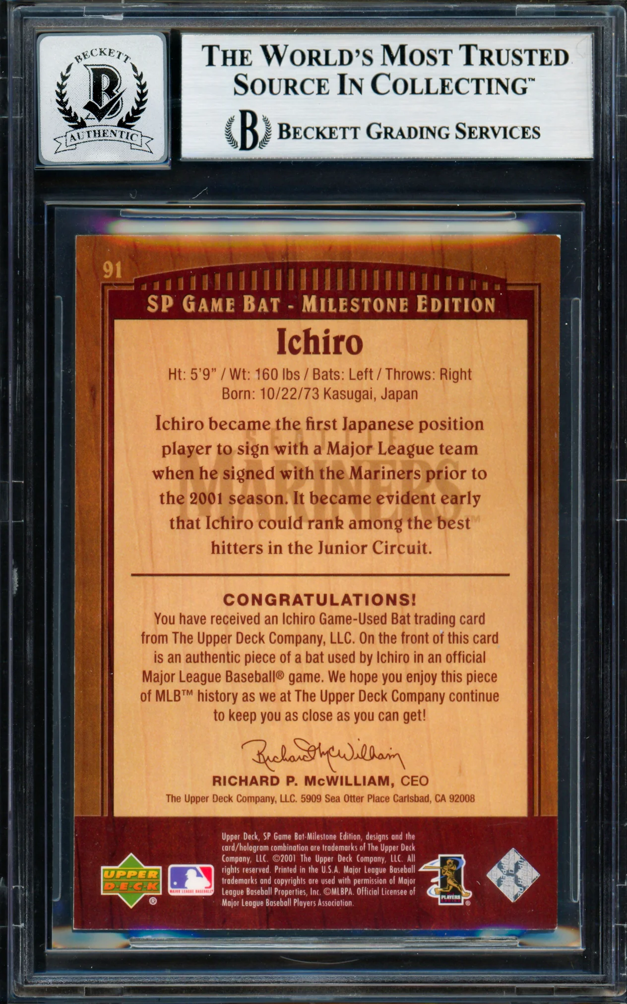 Ichiro Suzuki Autographed 2001 SP Game Bat Milestone Rookie Card #91 Seattle Mariners Auto Grade Gem Mint 10 #118/500 Beckett BAS #18283026 - Image 2