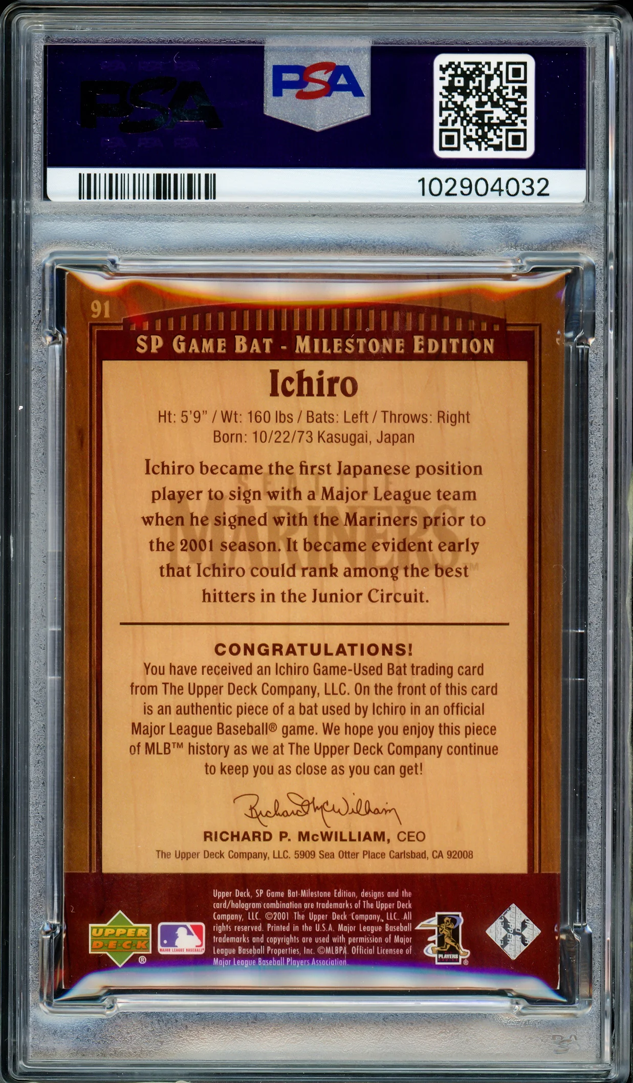 Ichiro Suzuki Autographed 2001 SP Game Bat Rookie Card #91 Seattle Mariners Auto Grade Gem Mint 10 Milestone Edition #491/500 PSA/DNA #102904032 - Image 2