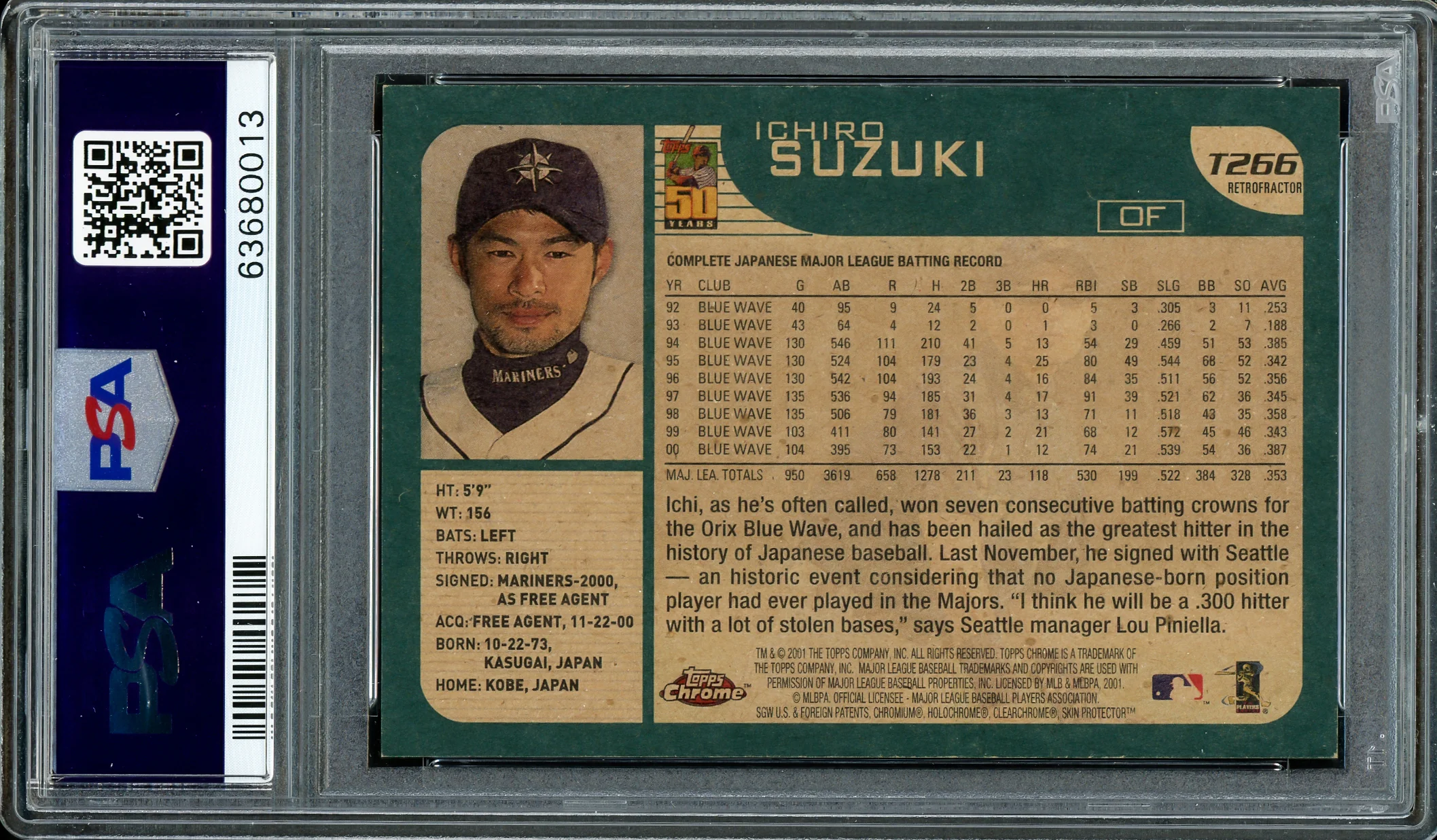 Ichiro Suzuki Autographed 2001 Topps Chrome Traded Retrofractor Rookie Card #T266 Seattle Mariners PSA 9 Auto Grade Gem Mint 10 "01 ROY MVP" PSA/DNA #63680013 - Image 4
