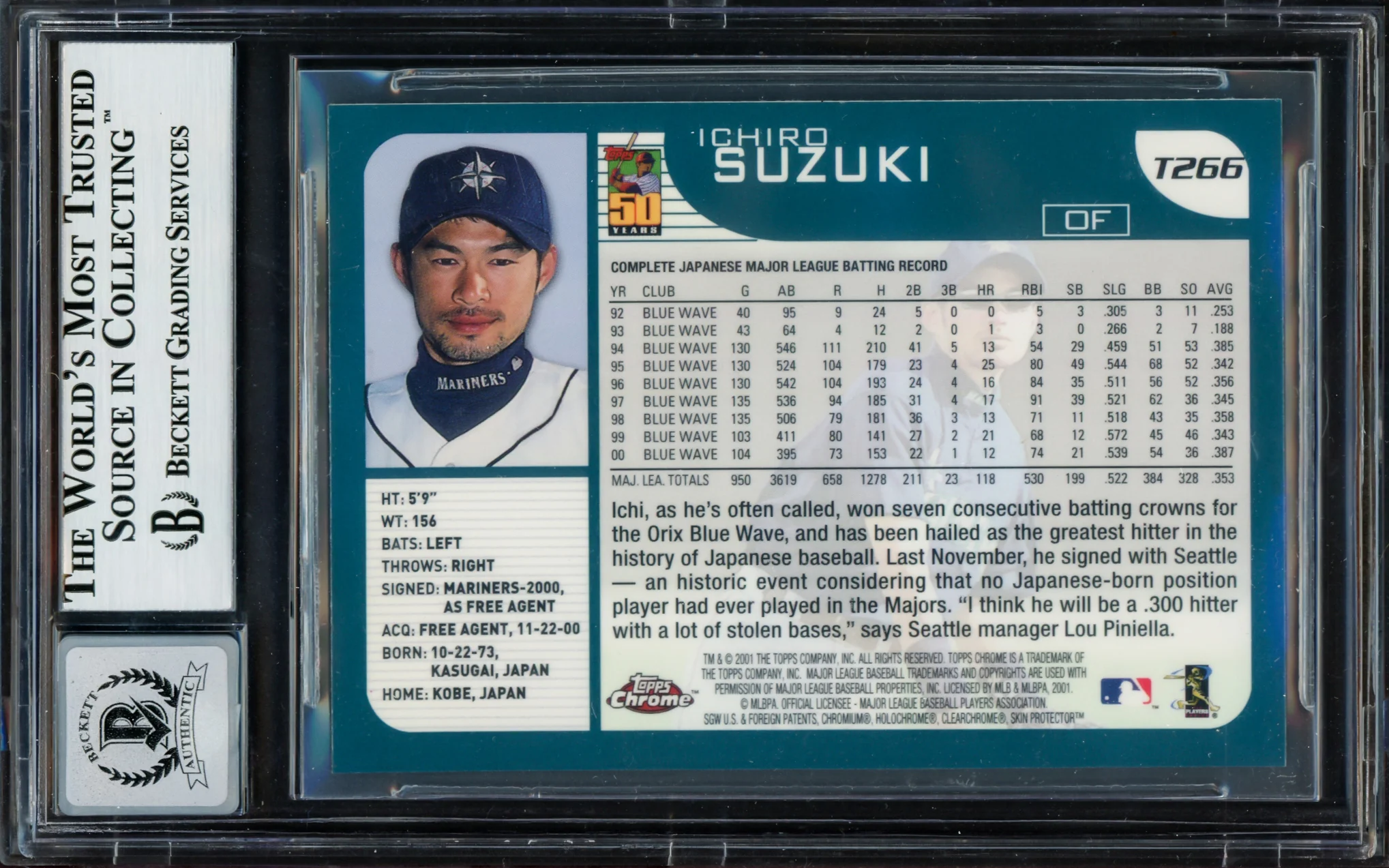 Ichiro Suzuki Autographed 2001 Topps Chrome Traded Rookie Card #T266 Seattle Mariners Auto Grade Gem Mint 10 Beckett BAS #13604669 - Image 2