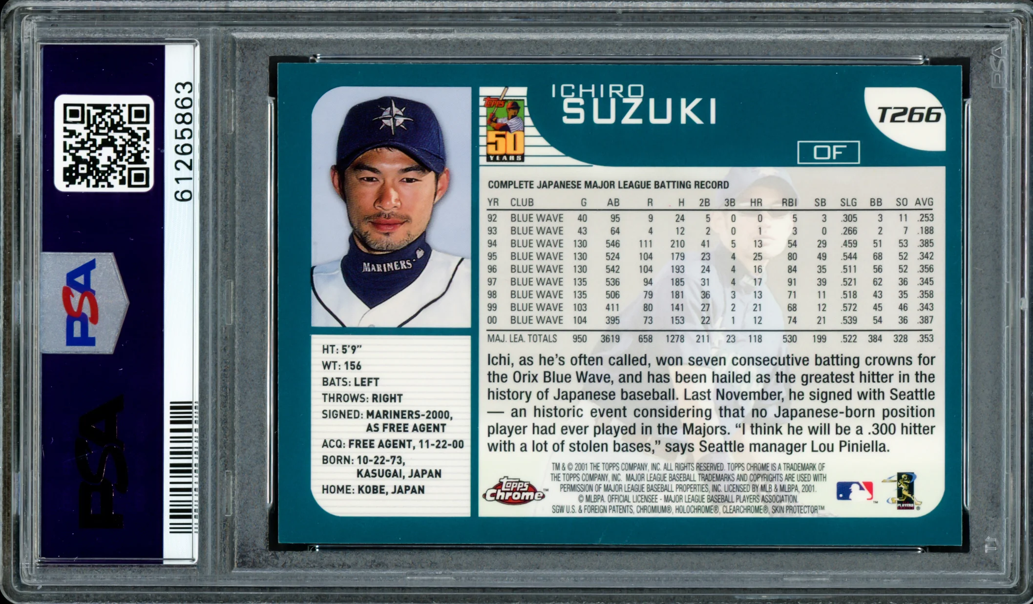 Ichiro Suzuki Autographed 2001 Topps Chrome Traded Rookie Card #T266 Seattle Mariners Auto Grade Gem Mint 10 PSA/DNA #61265963 - Image 2