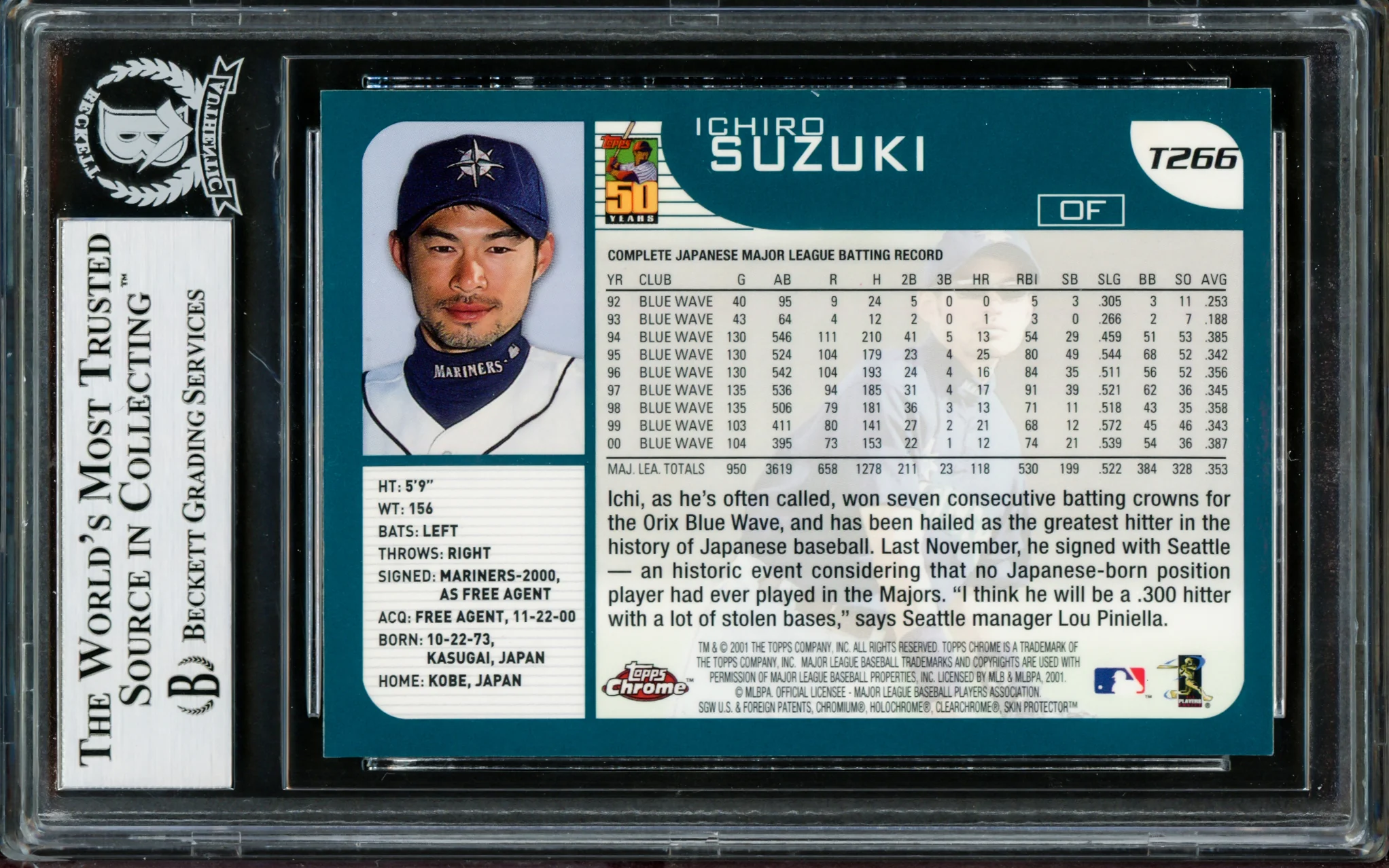 Ichiro Suzuki Autographed 2001 Topps Chrome Traded Rookie Card #T266 Seattle Mariners Beckett BAS #14134155 - Image 2