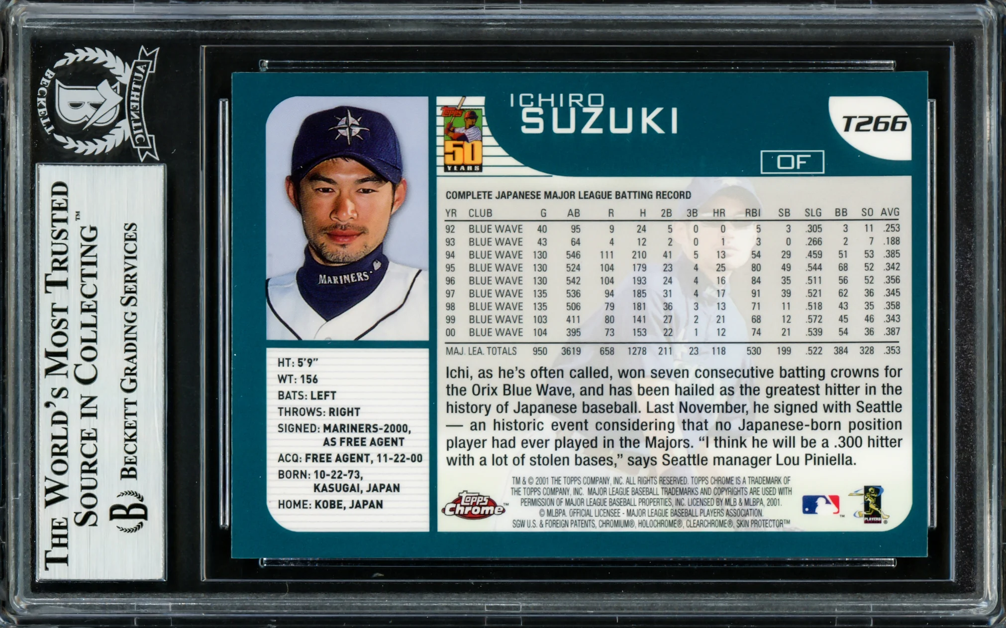 Ichiro Suzuki Autographed 2001 Topps Chrome Traded Rookie Card #T266 Seattle Mariners Beckett BAS Stock #220240 - Image 2