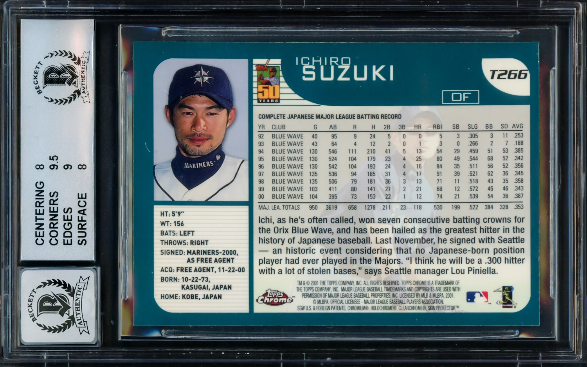 Ichiro Suzuki Autographed 2001 Topps Chrome Traded Rookie Card #T266 Seattle Mariners BGS 8 Auto Grade Gem Mint 10 Beckett BAS #15681663 - Image 2