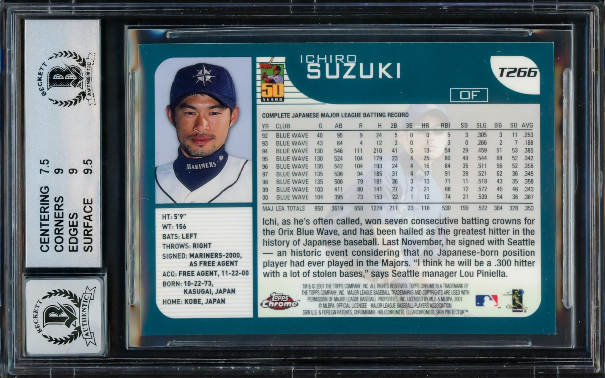 Ichiro Suzuki Autographed 2001 Topps Chrome Traded Rookie Card #T266 Seattle Mariners BGS 8 Auto Grade Gem Mint 10 Beckett BAS #15681669 - Image 2