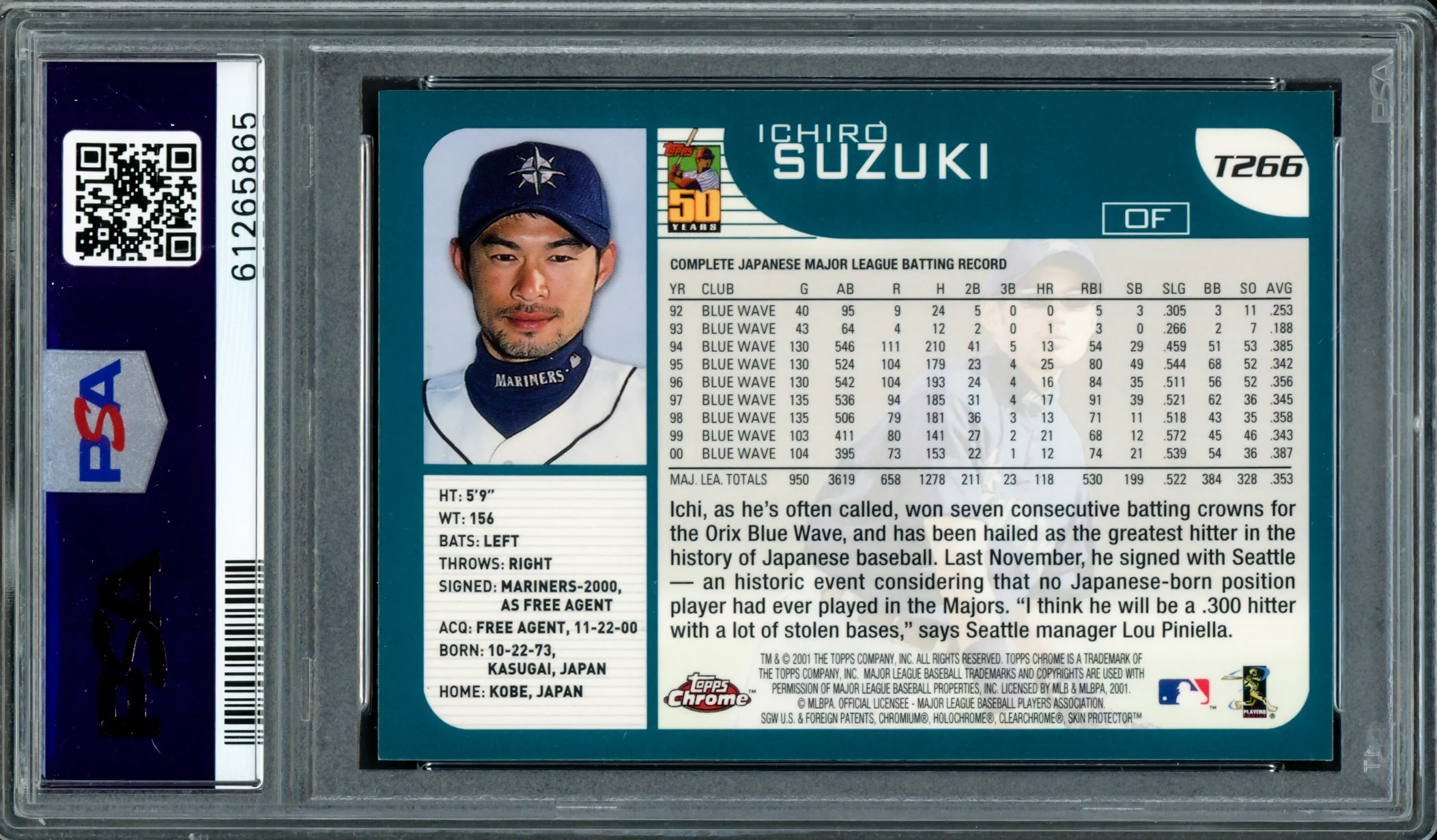 Ichiro Suzuki Autographed 2001 Topps Chrome Traded Rookie Card #T266 Seattle Mariners PSA 8 Auto Grade Gem Mint 10 PSA/DNA #61265865 - Image 4