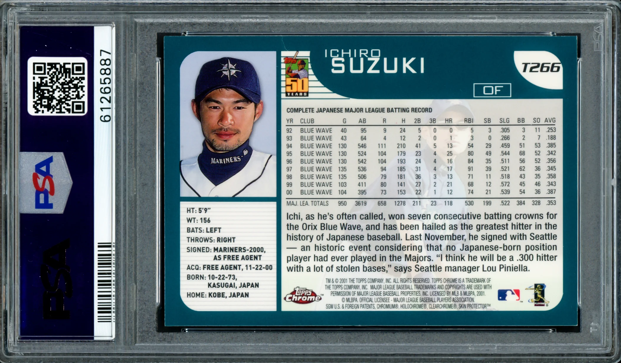 Ichiro Suzuki Autographed 2001 Topps Chrome Traded Rookie Card #T266 Seattle Mariners PSA 8 PSA/DNA #61265887 - Image 2