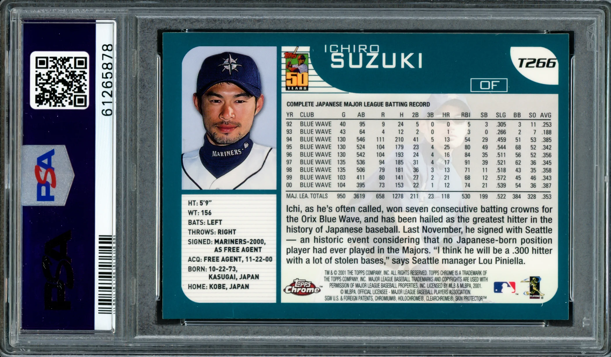Ichiro Suzuki Autographed 2001 Topps Chrome Traded Rookie Card #T266 Seattle Mariners PSA 9 PSA/DNA #61265878 - Image 2