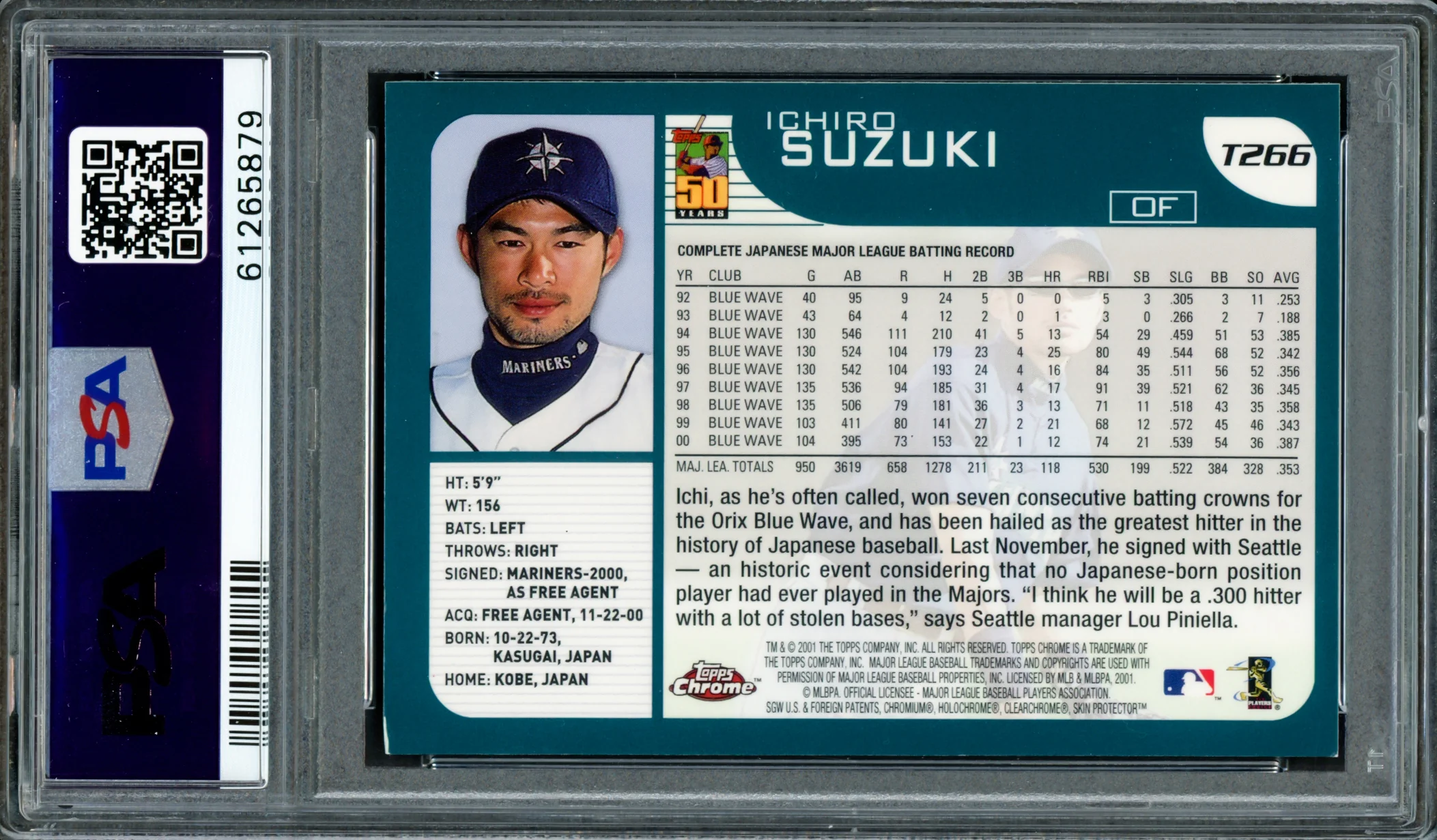 Ichiro Suzuki Autographed 2001 Topps Chrome Traded Rookie Card #T266 Seattle Mariners PSA/DNA #61265879 - Image 4