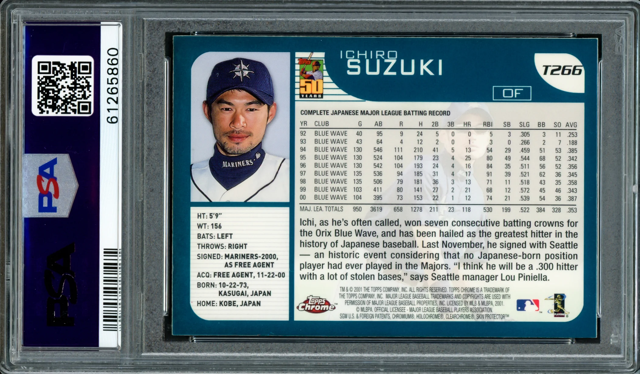 Ichiro Suzuki Autographed 2001 Topps Chrome Traded Rookie Card #T266 Seattle Mariners PSA/DNA Stock #220343 - Image 2