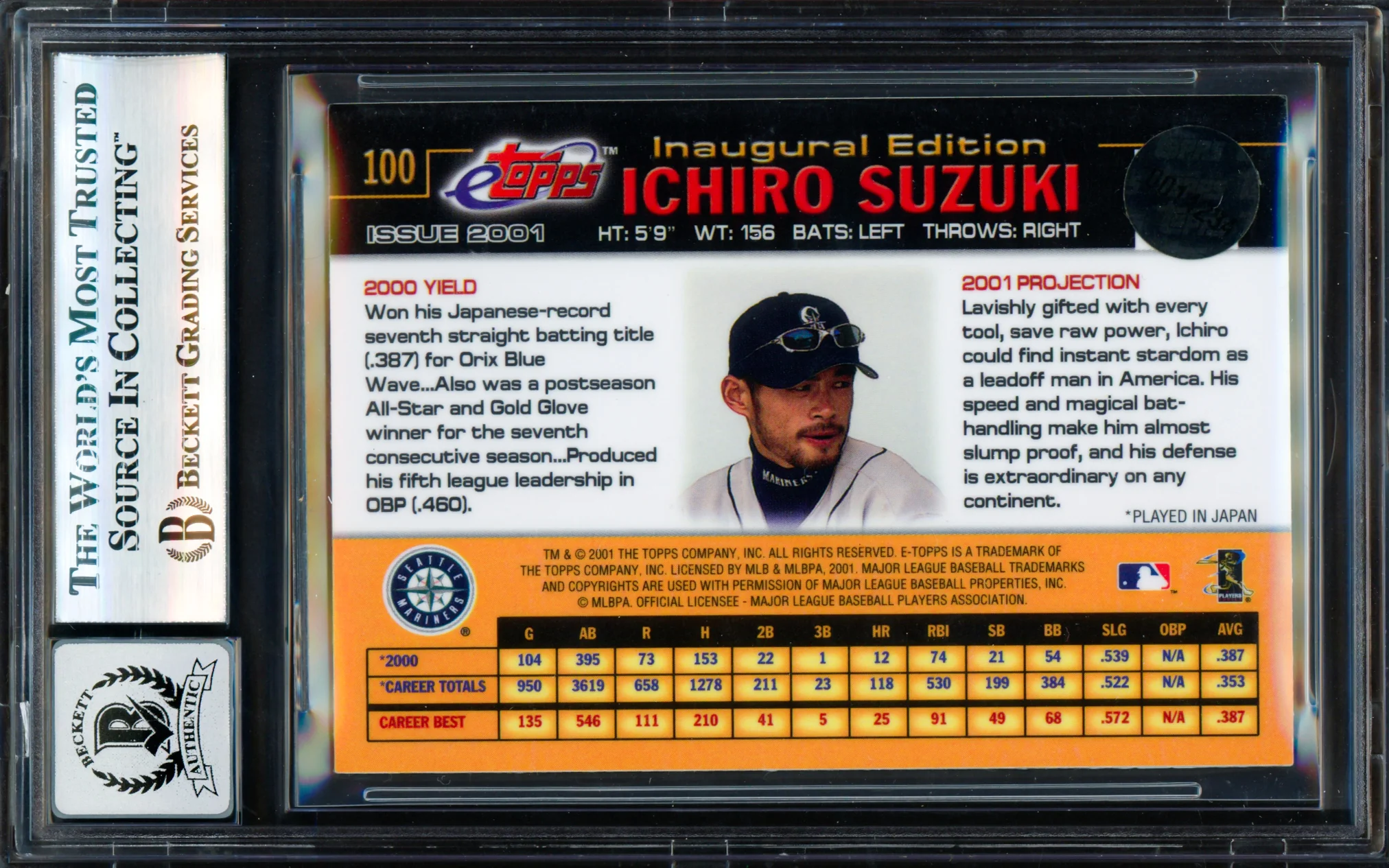 Ichiro Suzuki Autographed 2001 Topps eTopps Rookie Card #100 Seattle Mariners Auto Grade Gem Mint 10 Beckett BAS #17830084 - Image 2