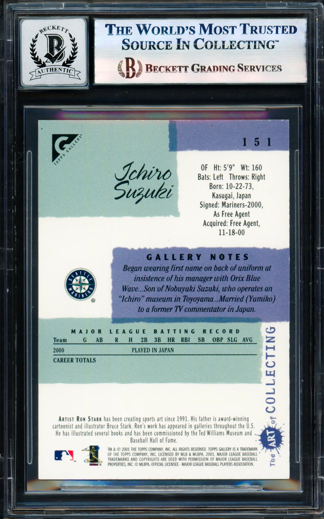 Ichiro Suzuki Autographed 2001 Topps Gallery Card #151 Seattle Mariners Auto Grade Gem Mint 10 Beckett BAS #17855969 - Image 2