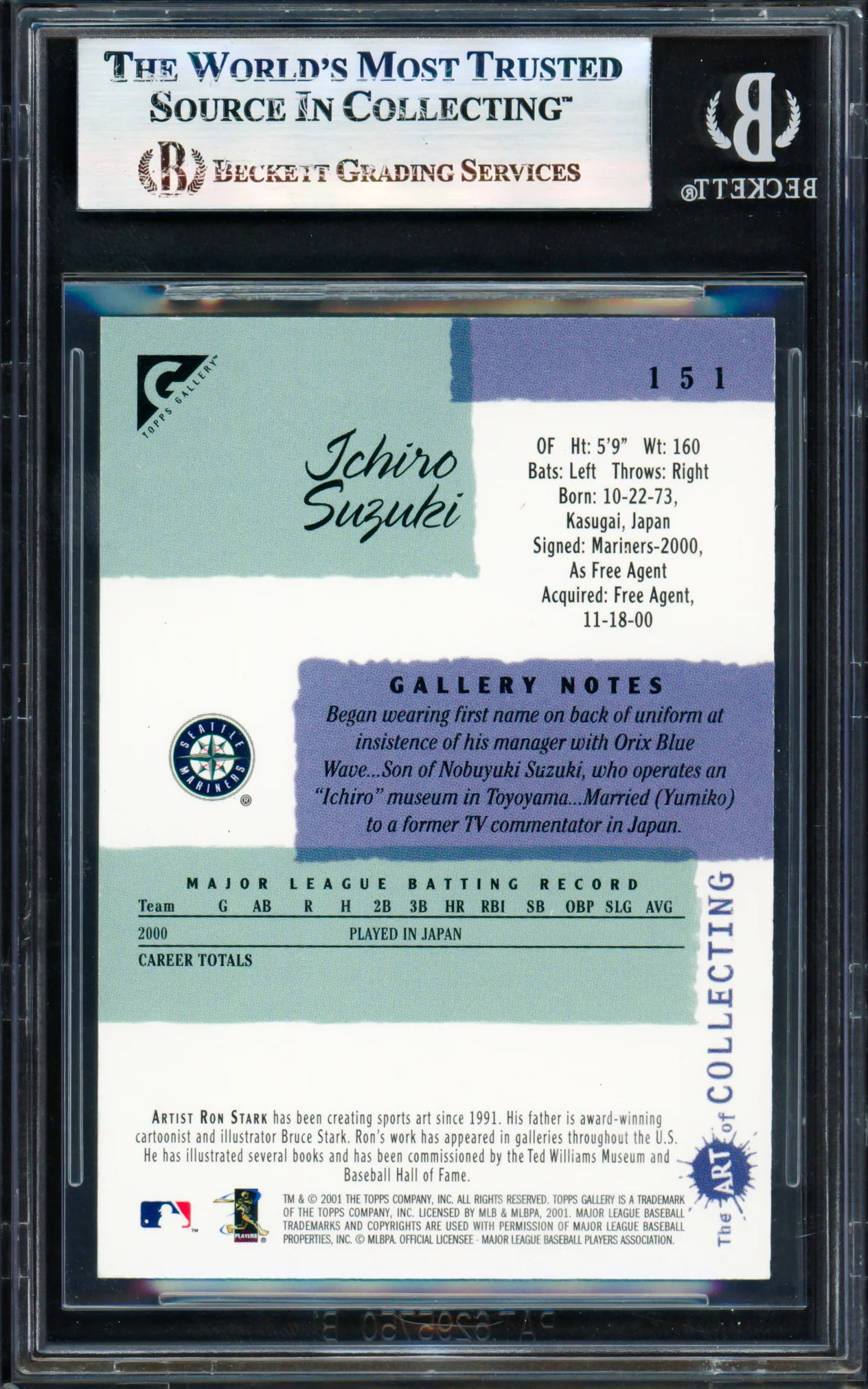 Ichiro Suzuki Autographed 2001 Topps Gallery English Rookie Card #151 Seattle Mariners Beckett BAS #17830407 - Image 2