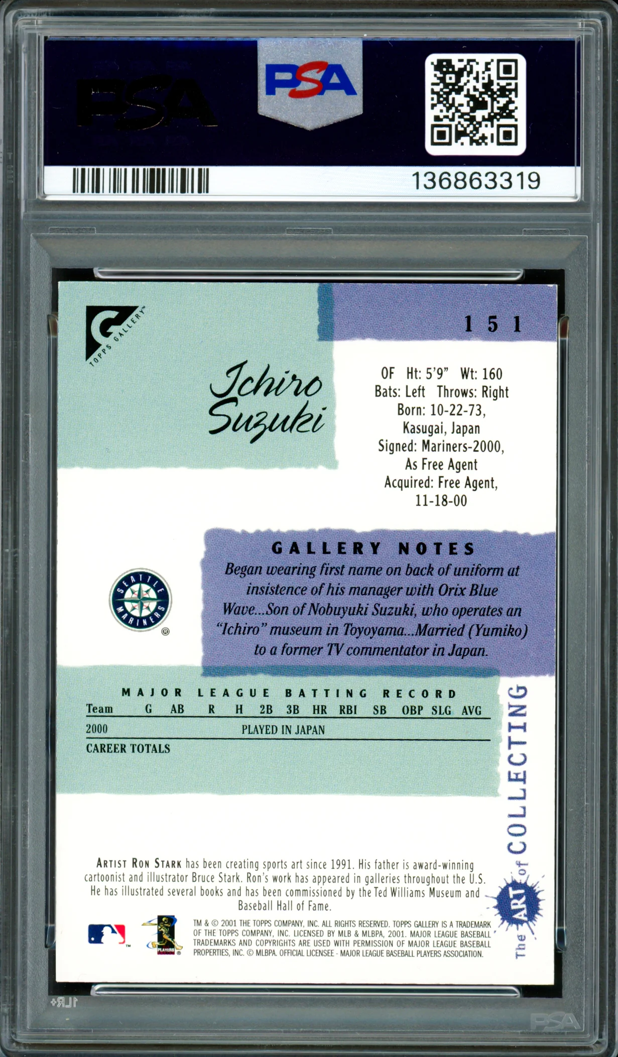 Ichiro Suzuki Autographed 2001 Topps Gallery English Rookie Card #151 Seattle Mariners PSA 8 Auto Grade Gem Mint 10 PSA/DNA #136863319 - Image 2