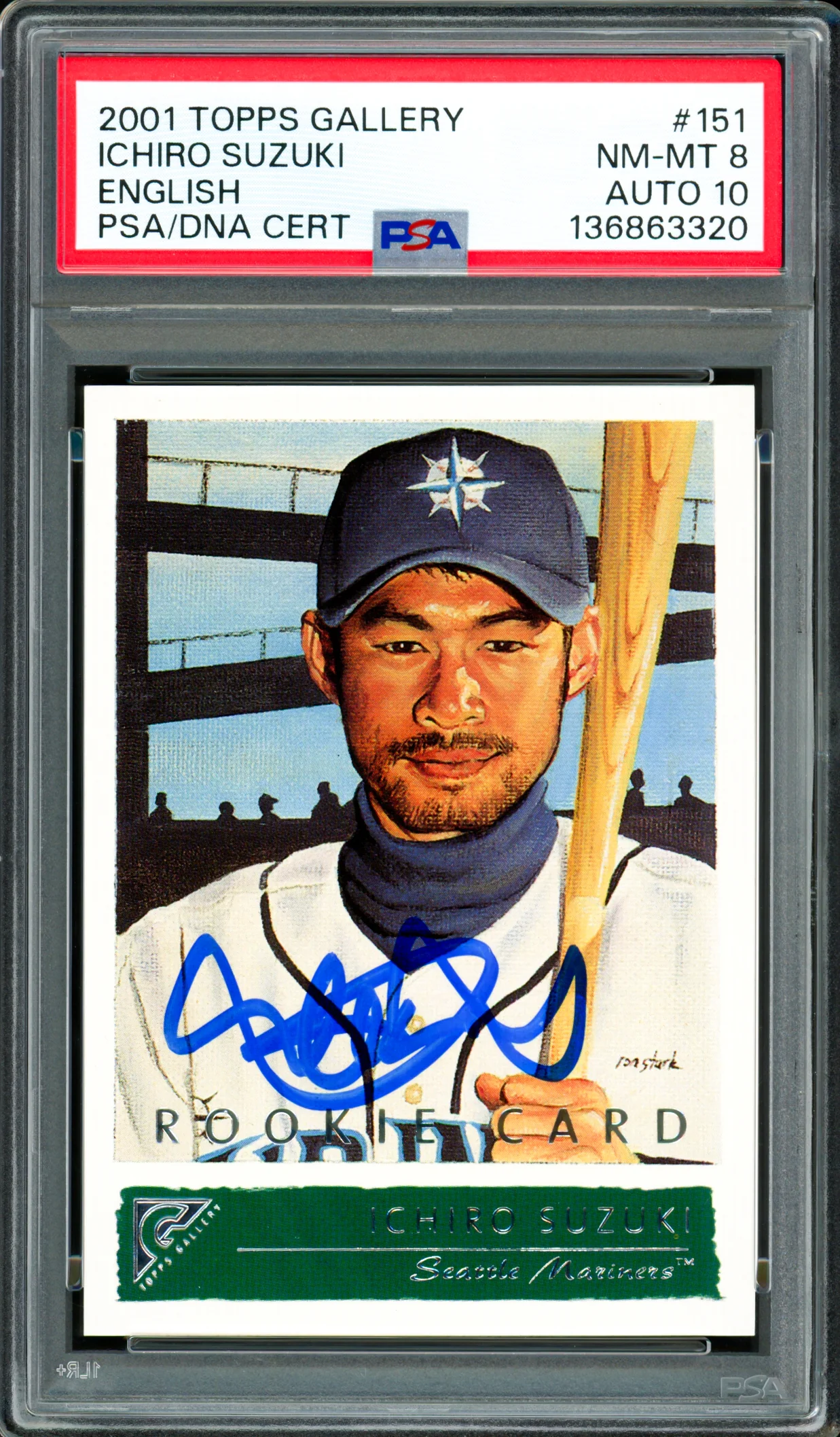 Ichiro Suzuki Autographed 2001 Topps Gallery English Rookie Card #151 Seattle Mariners PSA 8 Auto Grade Gem Mint 10 PSA/DNA #136863320