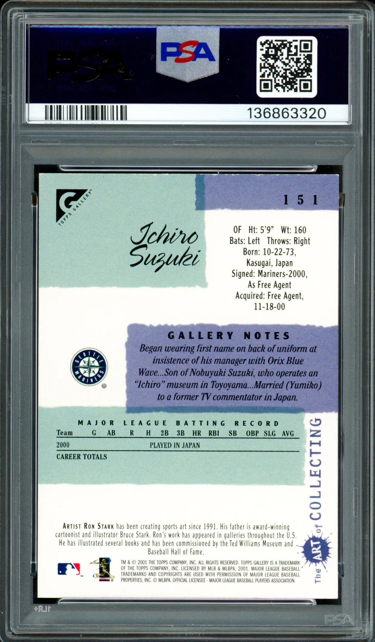 Ichiro Suzuki Autographed 2001 Topps Gallery English Rookie Card #151 Seattle Mariners PSA 8 Auto Grade Gem Mint 10 PSA/DNA #136863320 - Image 2