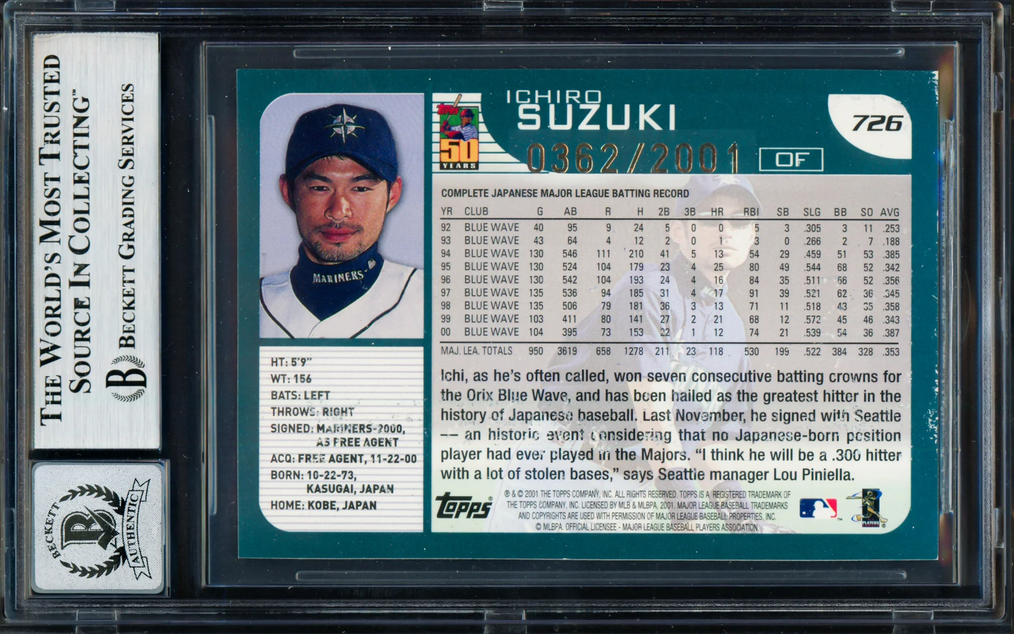 Ichiro Suzuki Autographed 2001 Topps Gold Rookie Card #726 Seattle Mariners Auto Grade Gem Mint 10 (Damaged) #0362/2001 Beckett BAS #19658591 - Image 2