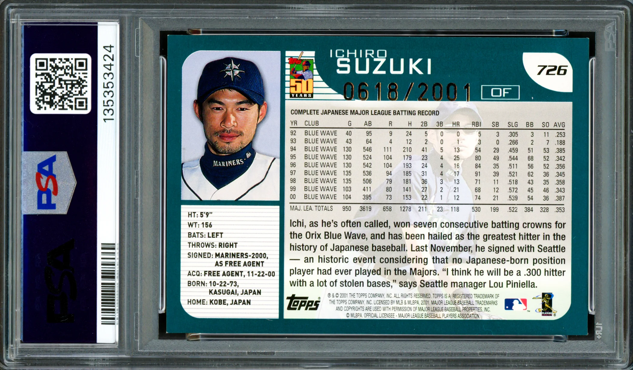 Ichiro Suzuki Autographed 2001 Topps Gold Rookie Card #726 Seattle Mariners Auto Grade Gem Mint 10 "HOF 25" PSA/DNA #135353424 - Image 2