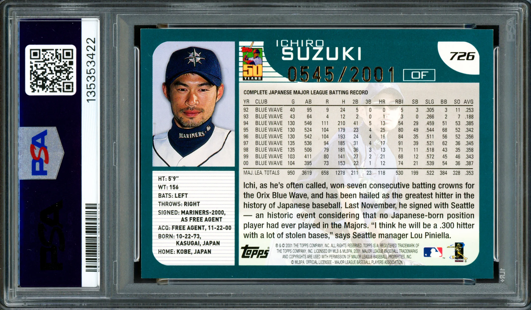 Ichiro Suzuki Autographed 2001 Topps Gold Rookie Card #726 Seattle Mariners "HOF 25" PSA/DNA #135353422 - Image 2