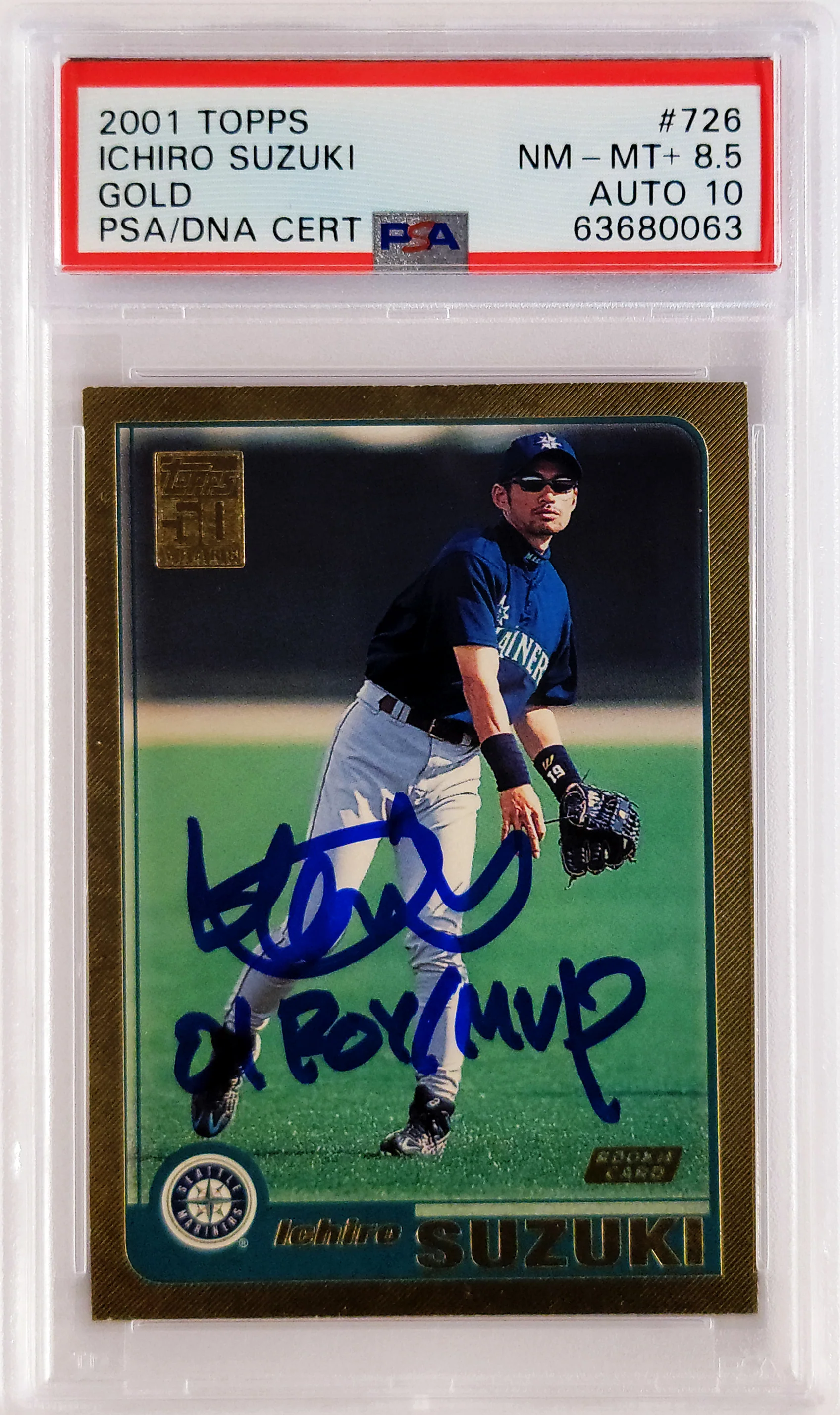 Ichiro Suzuki Autographed 2001 Topps Gold Rookie Card #726 Seattle Mariners PSA 8.5 Auto Grade Gem Mint 10 "01 ROY MVP" PSA/DNA #63680063 - Image 2