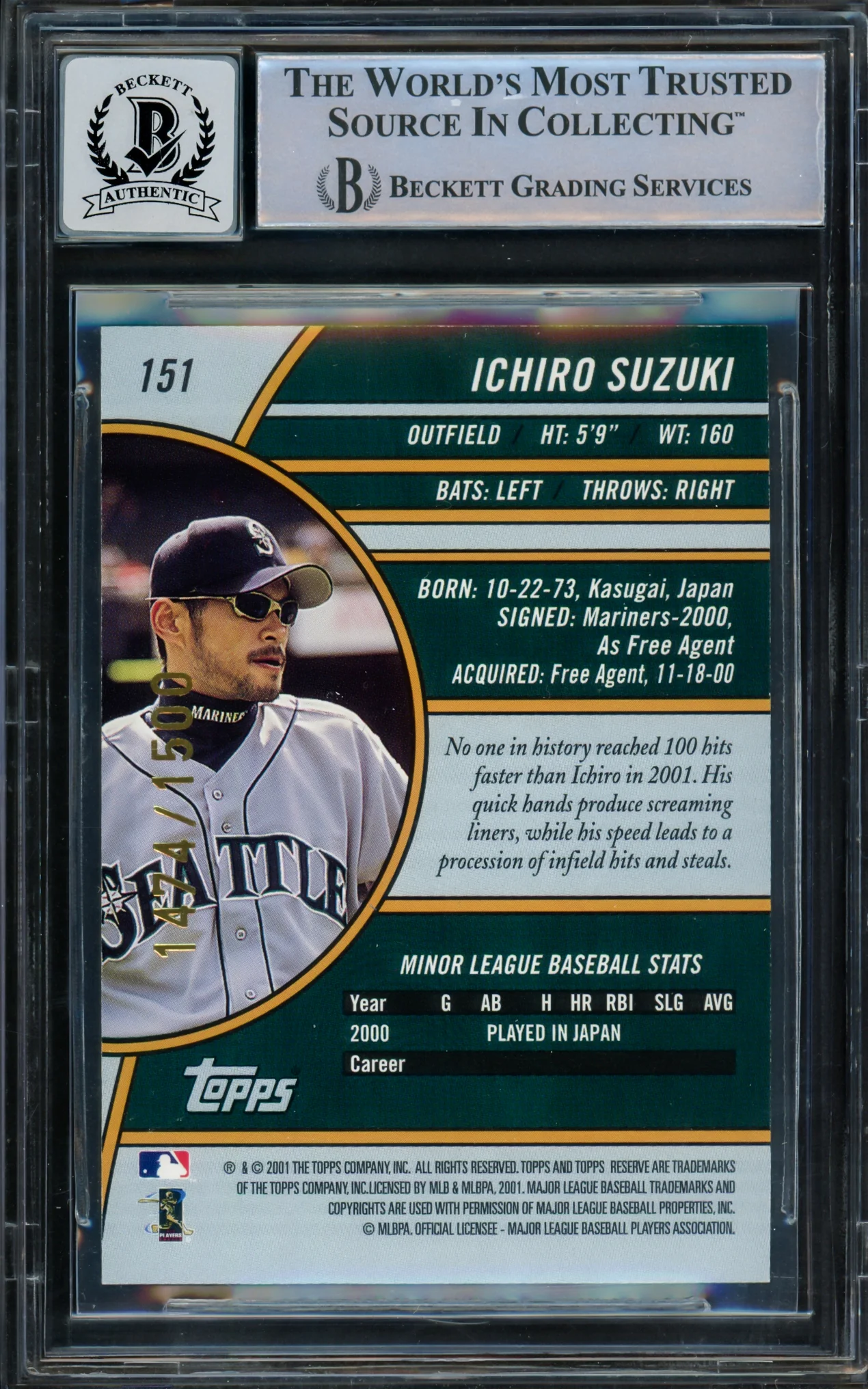 Ichiro Suzuki Autographed 2001 Topps Reserve Rookie Card #151 Seattle Mariners Auto Grade Gem Mint 10 "01 ROY/MVP" #1474/1500 Beckett BAS #15093570 - Image 2