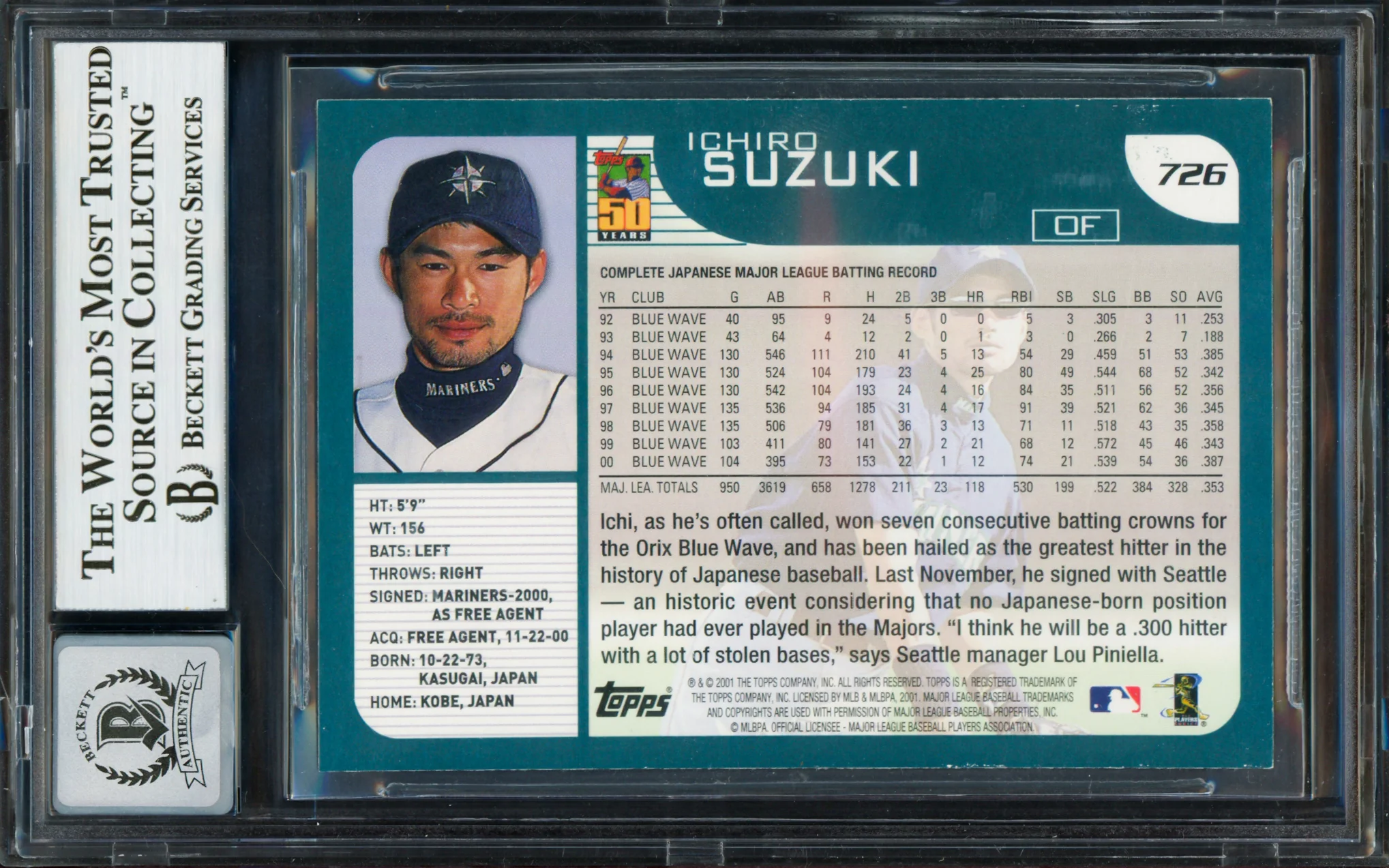 Ichiro Suzuki Autographed 2001 Topps Rookie Card #726 Seattle Mariners Auto Grade Gem Mint 10 Beckett BAS #13018339 - Image 2