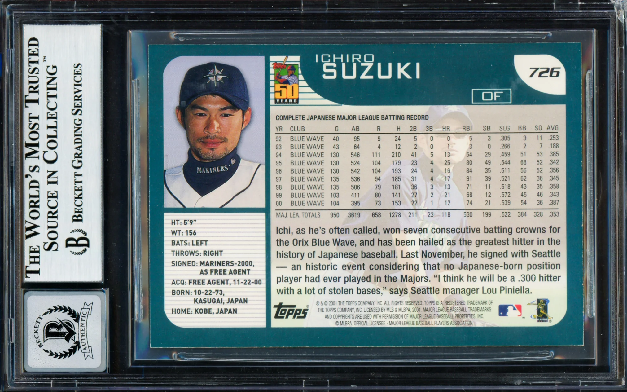 Ichiro Suzuki Autographed 2001 Topps Rookie Card #726 Seattle Mariners Auto Grade Gem Mint 10 Beckett BAS #13604788 - Image 2
