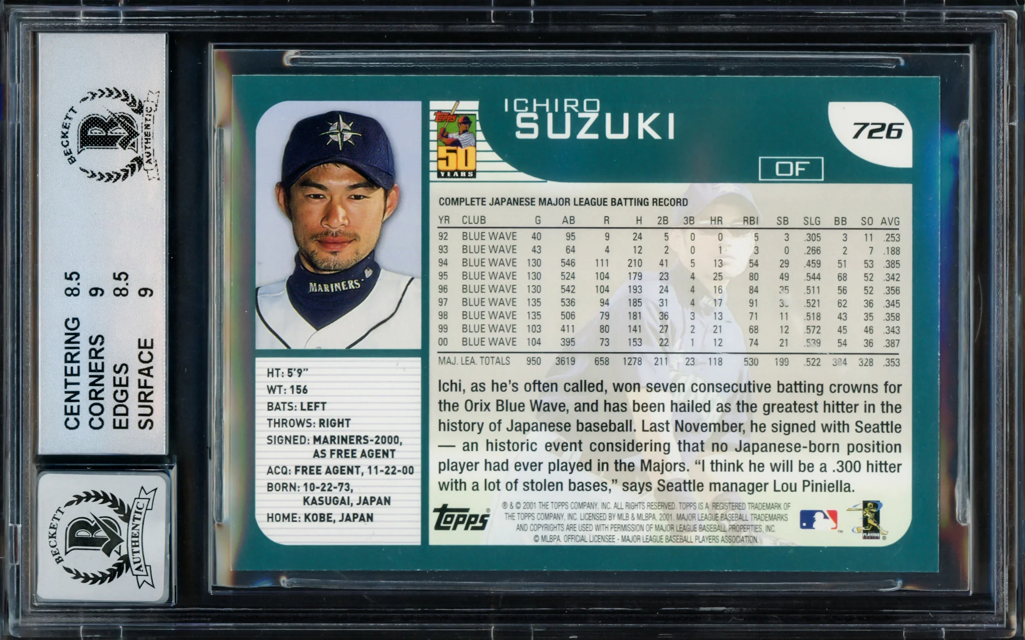 Ichiro Suzuki Autographed 2001 Topps Rookie Card #726 Seattle Mariners BGS 8.5 Auto Grade Gem Mint 10 Beckett BAS Stock #216436 - Image 2