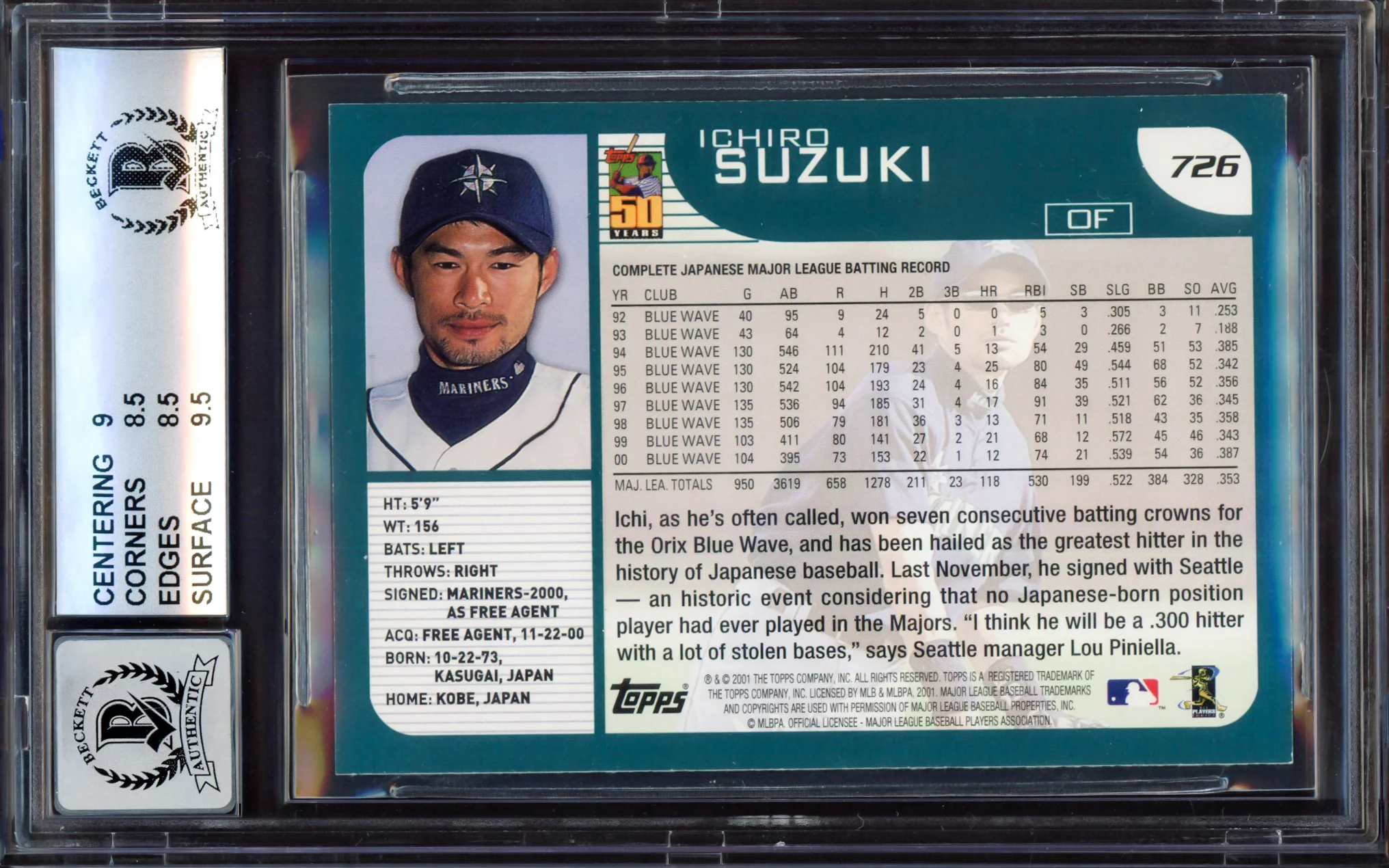 Ichiro Suzuki Autographed 2001 Topps Rookie Card #726 Seattle Mariners BGS 8.5 Auto Grade Mint 9 Beckett BAS Stock #213280 - Image 2