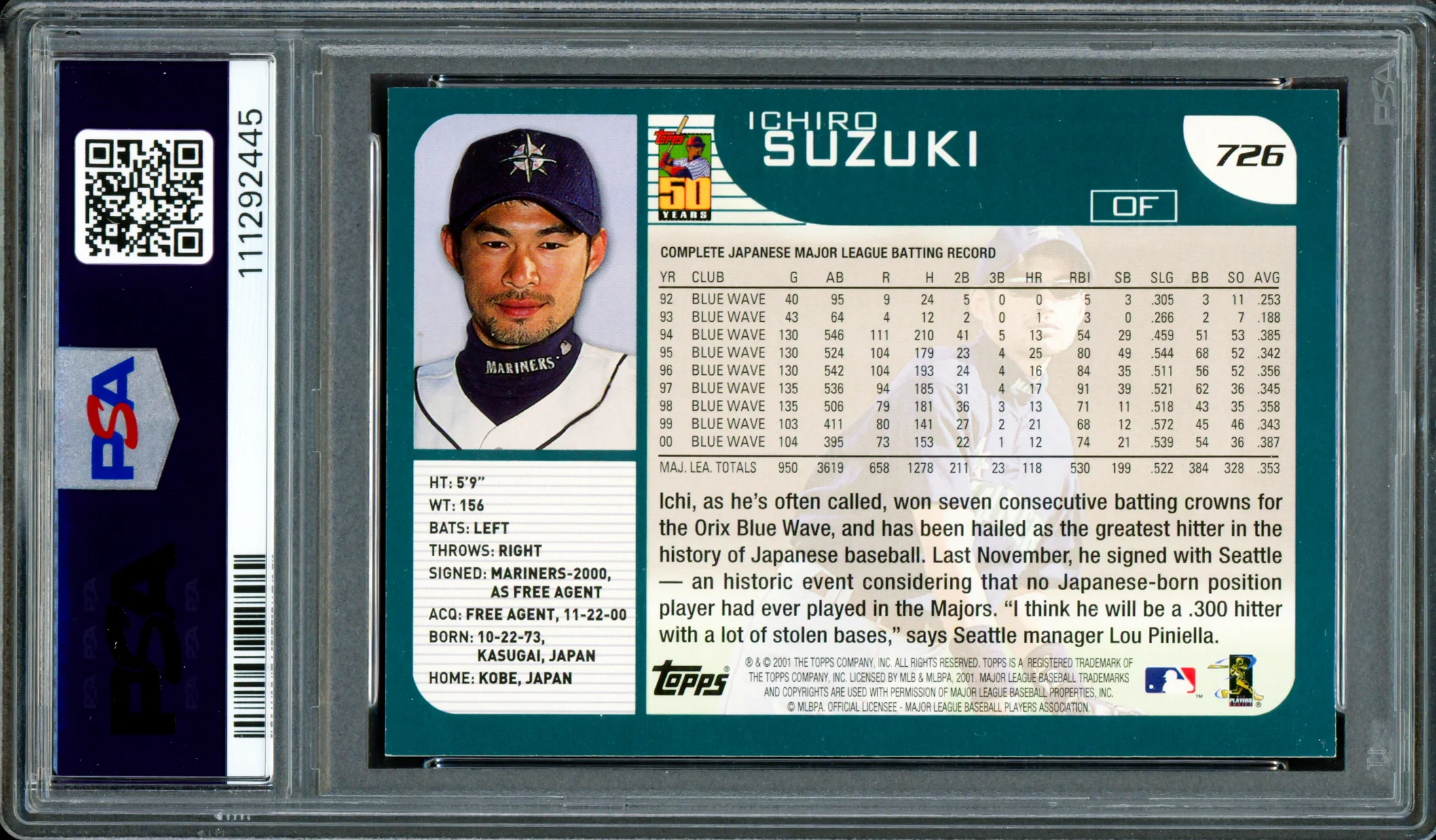 Ichiro Suzuki Autographed 2001 Topps Rookie Card #726 Seattle Mariners PSA 6 Auto Grade Gem Mint 10 "HOF 25" PSA/DNA #111292445 - Image 2