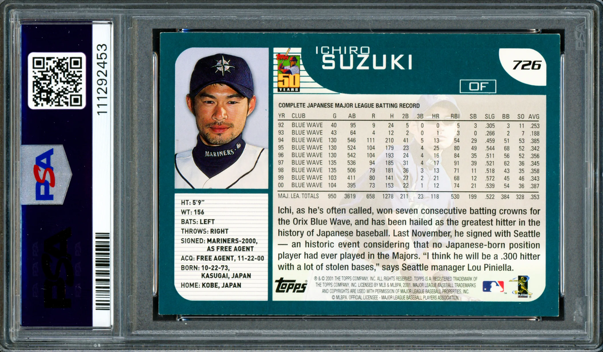 Ichiro Suzuki Autographed 2001 Topps Rookie Card #726 Seattle Mariners PSA 6 Auto Grade Gem Mint 10 "HOF 25" PSA/DNA #111292453 - Image 2