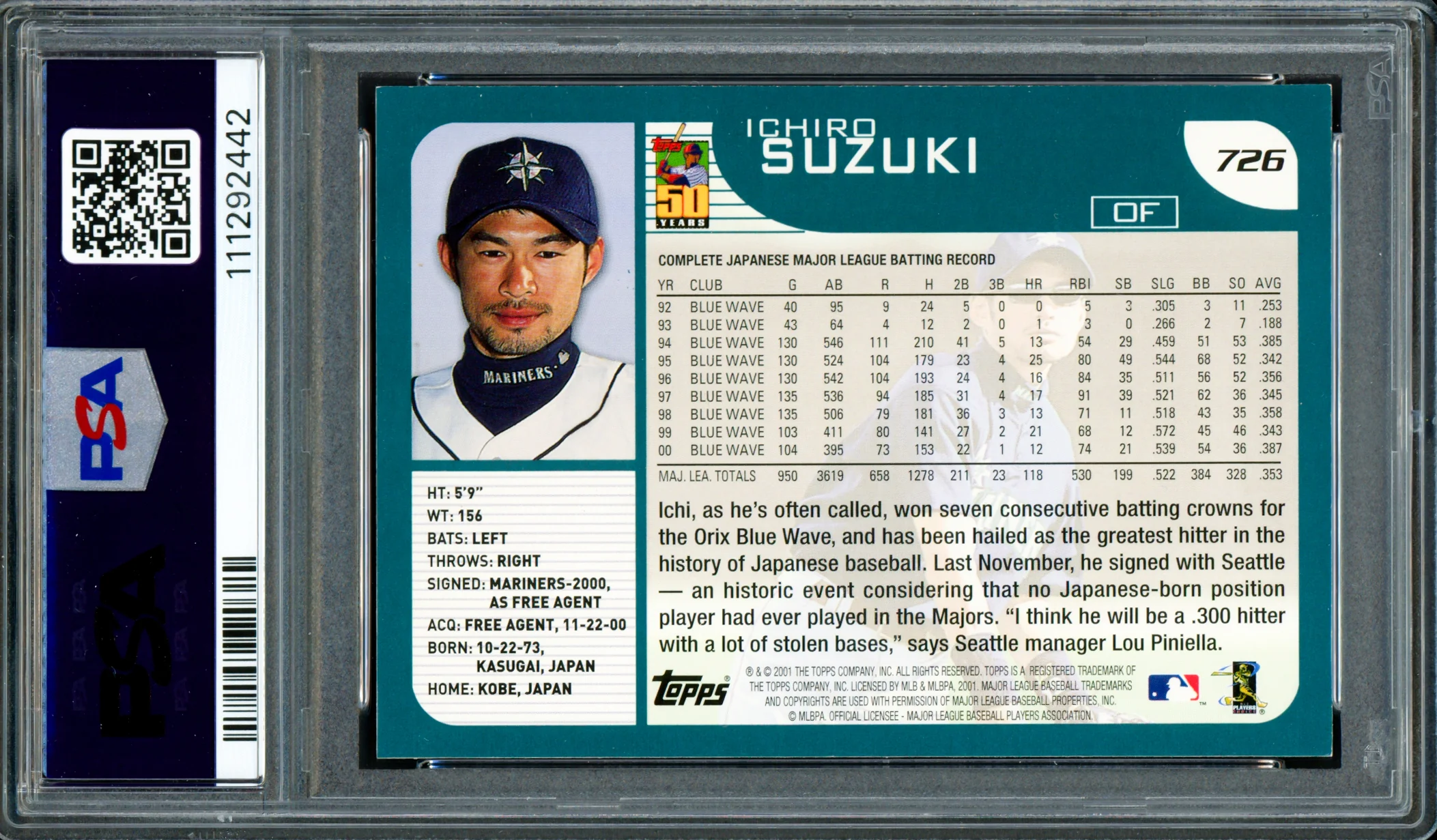 Ichiro Suzuki Autographed 2001 Topps Rookie Card #726 Seattle Mariners PSA 7 Auto Grade Gem Mint 10 "HOF 25" PSA/DNA #111292442 - Image 2
