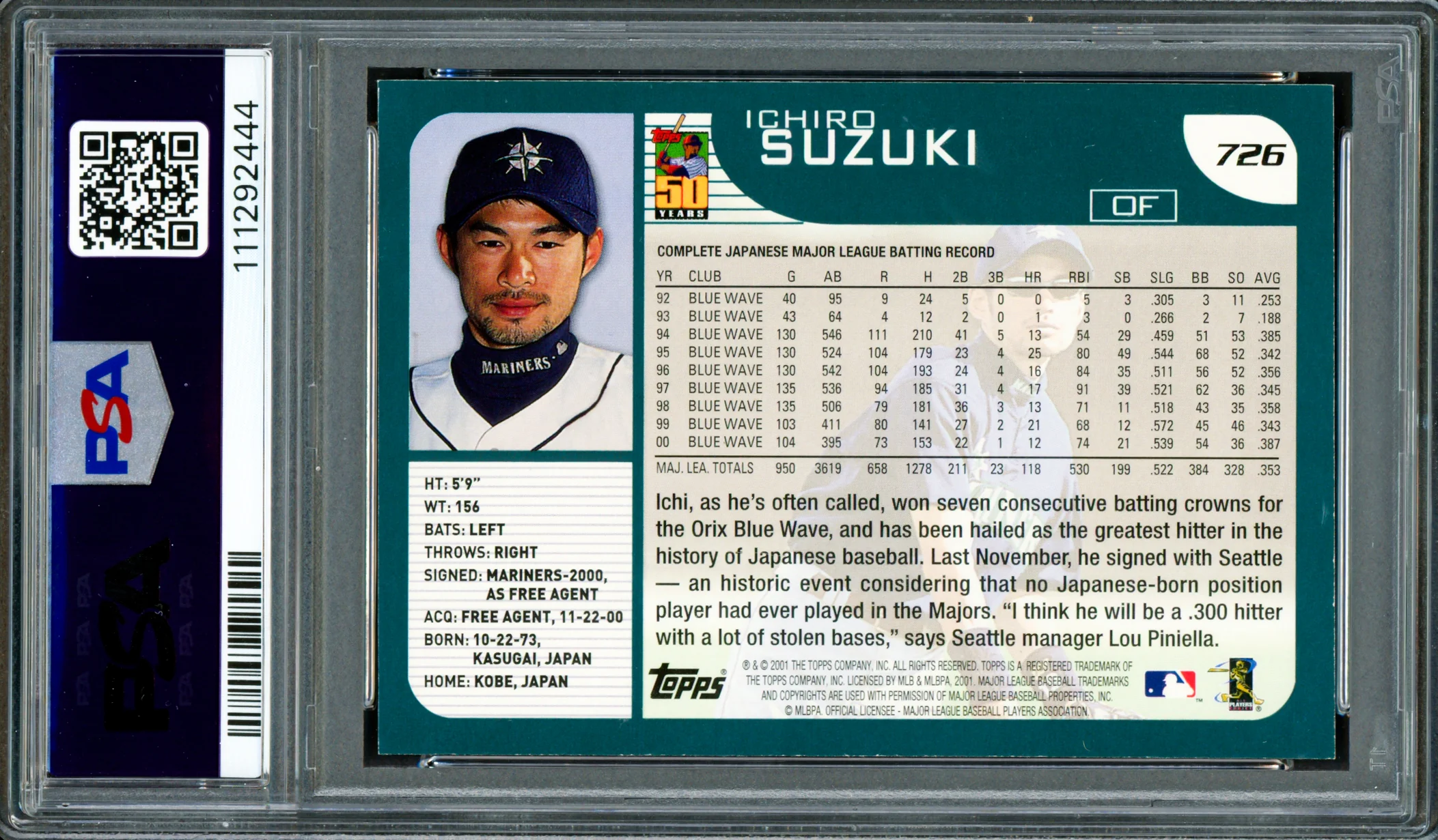 Ichiro Suzuki Autographed 2001 Topps Rookie Card #726 Seattle Mariners PSA 7 Auto Grade Gem Mint 10 "HOF 25" PSA/DNA #111292444 - Image 2