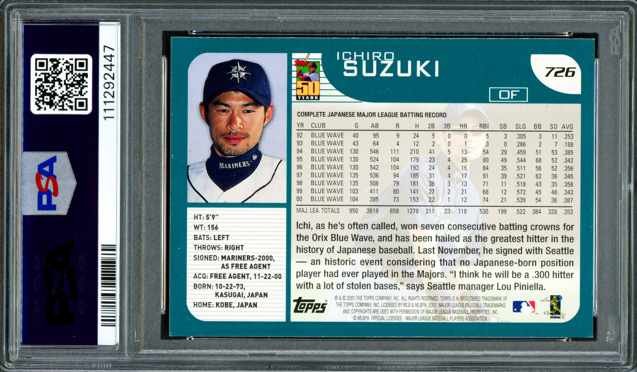 Ichiro Suzuki Autographed 2001 Topps Rookie Card #726 Seattle Mariners PSA 7 Auto Grade Mint 9 "HOF 25" PSA/DNA #111292447 - Image 2