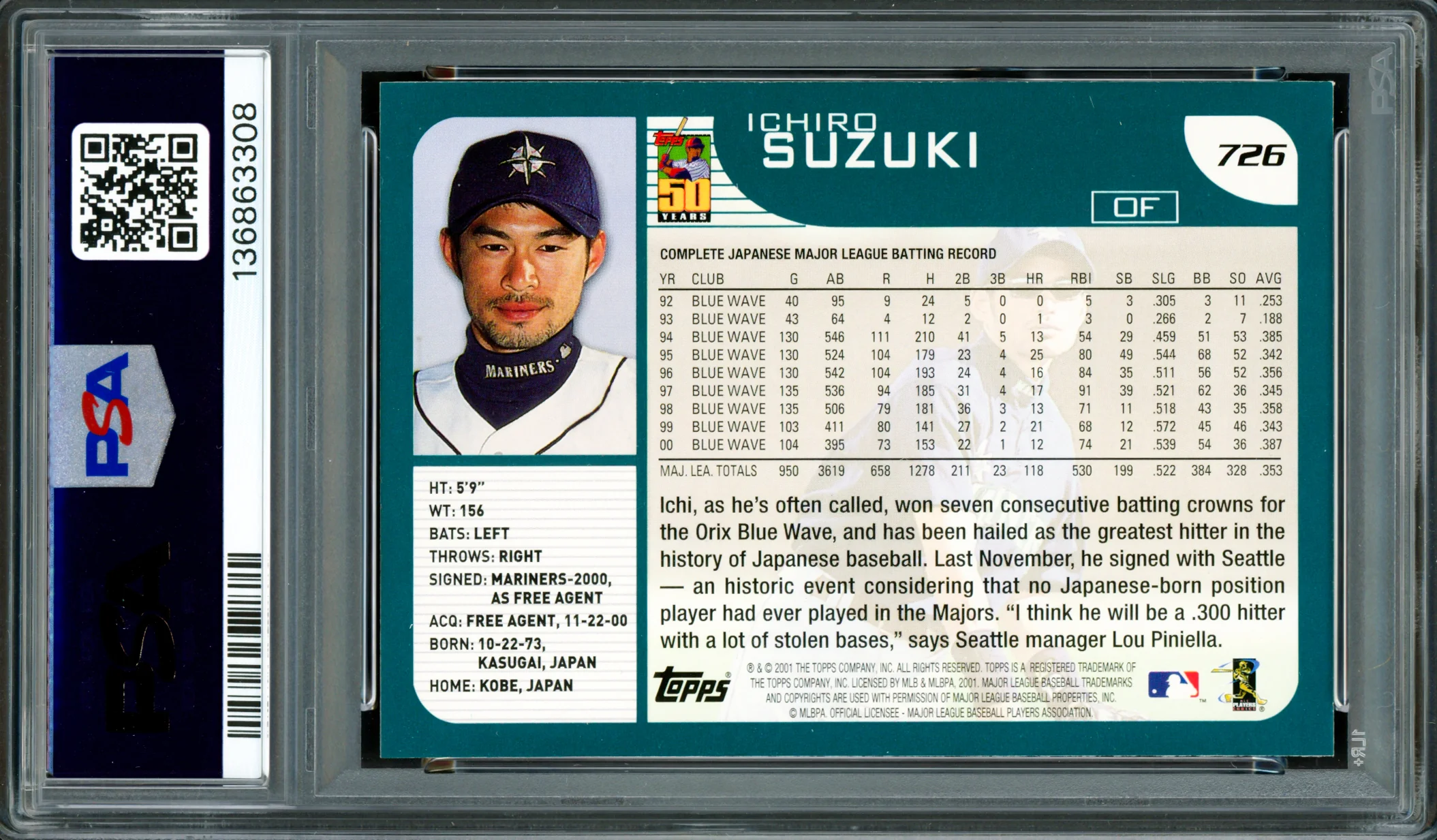 Ichiro Suzuki Autographed 2001 Topps Rookie Card #726 Seattle Mariners PSA 8 Auto Grade Gem Mint 10 "HOF 25" PSA/DNA #136863308 - Image 2