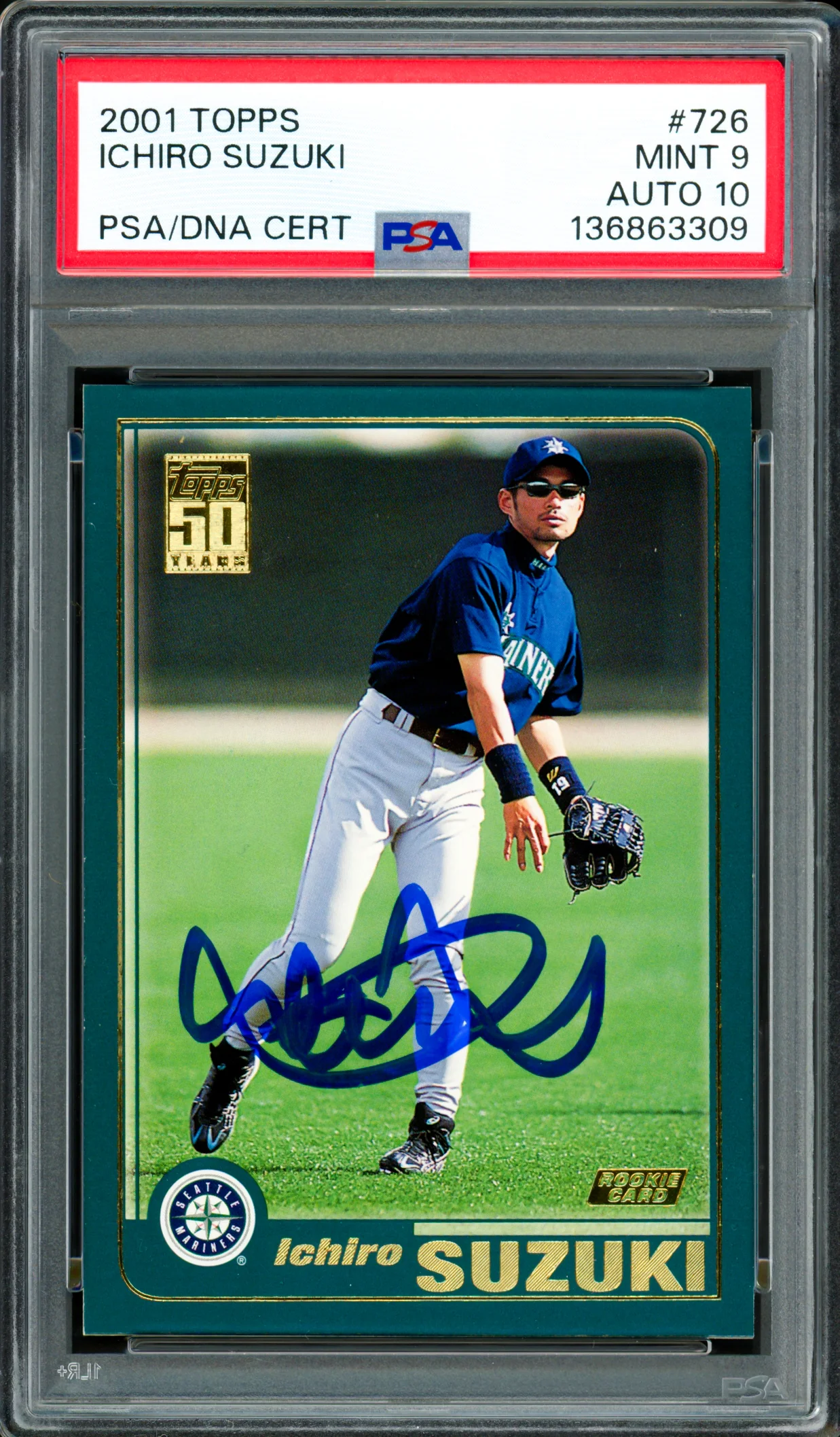 Ichiro Suzuki Autographed 2001 Topps Rookie Card #726 Seattle Mariners PSA 9 Auto Grade Gem Mint 10 PSA/DNA #136863309